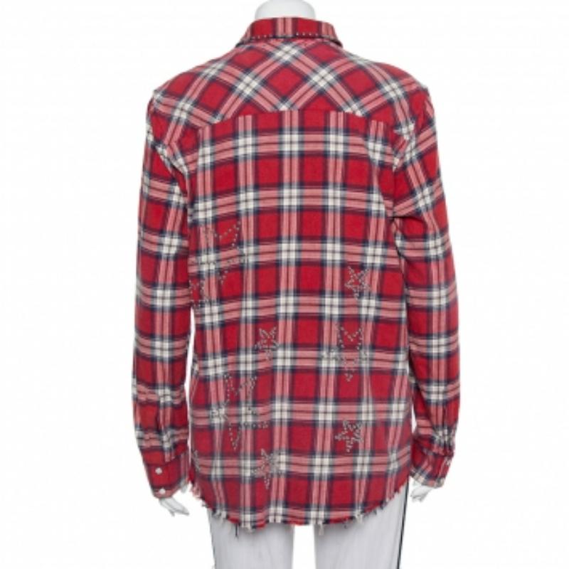 Brown Amiri Red Plaided Flannel Studded Star Detail Shirt M For Sale