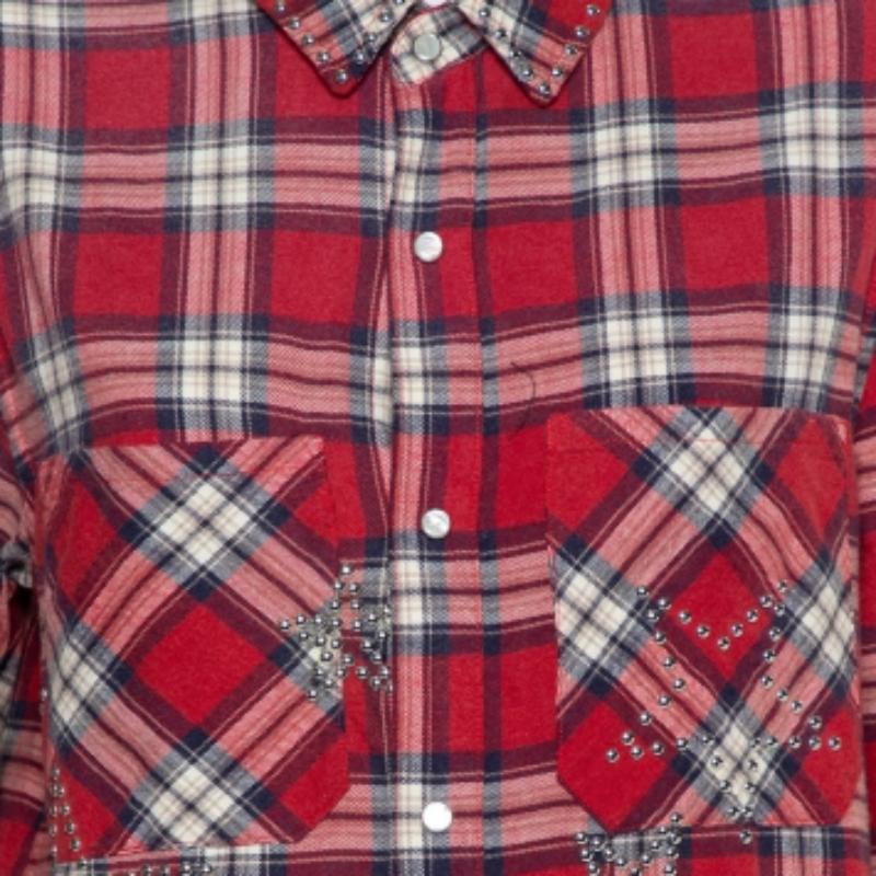 Amiri Red Plaided Flannel Studded Star Detail Shirt M For Sale 4