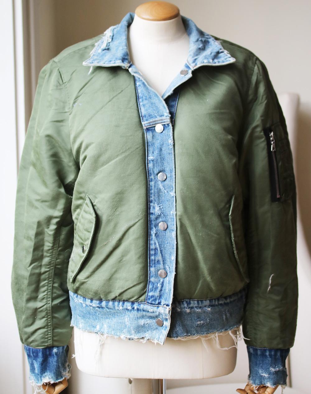 Reversible bomber jacket by Amiri with distressed denim and nylon. 
Blue denim and green nylon. 
Snap button fastenings through front.
100% Nylon; contrast: 100% cotton.

Size: UK 8 (US 4, FR 36, IT 40)

Condition: As new condition, no sign of wear. 