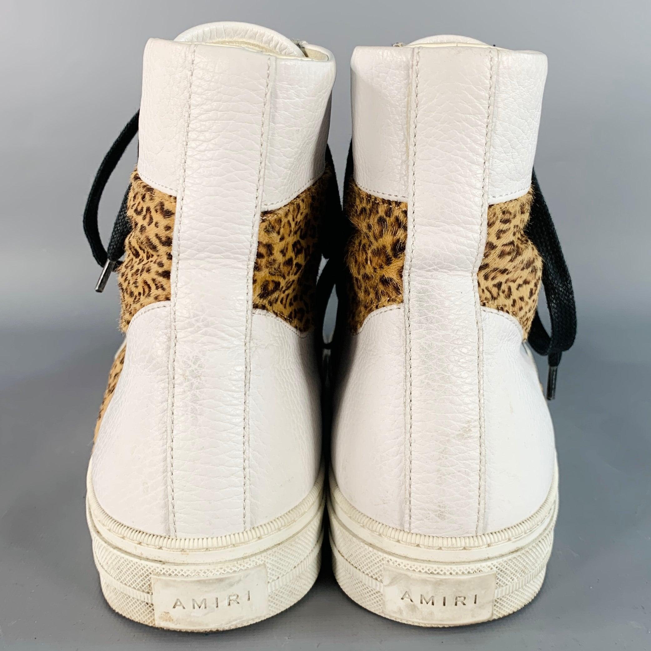 Beige AMIRI Size 11 White Brown Animal Print Faux Fur Leather High Top Sneakers For Sale