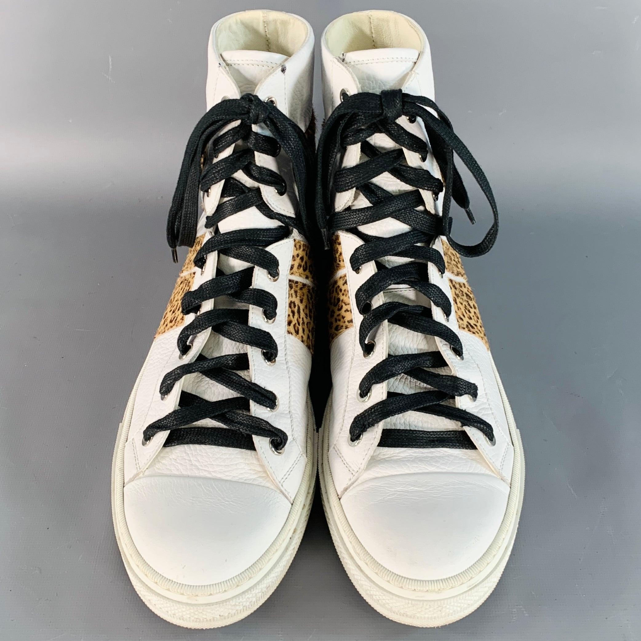 AMIRI Size 11 White Brown Animal Print Faux Fur Leather High Top Sneakers In Good Condition For Sale In San Francisco, CA