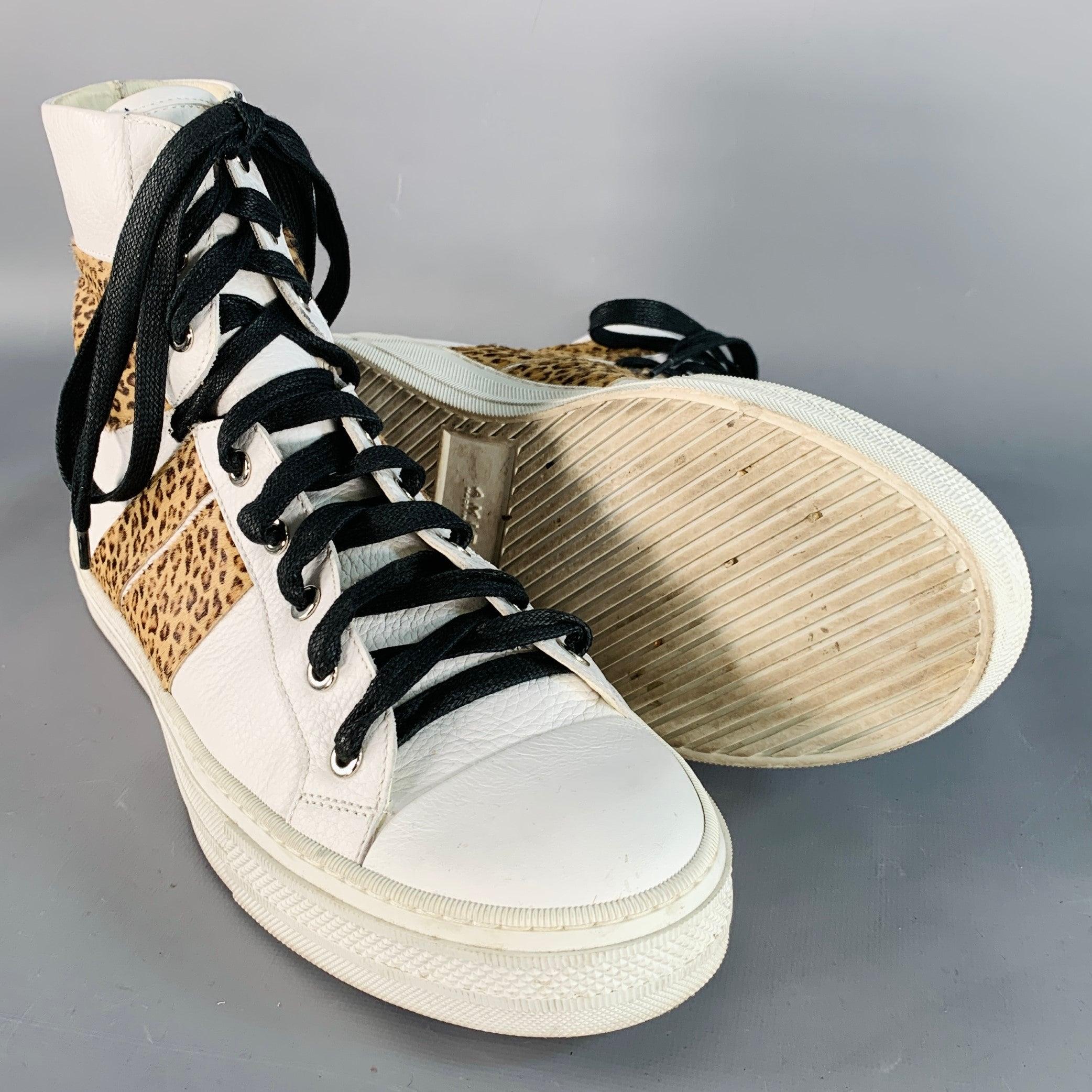 Men's AMIRI Size 11 White Brown Animal Print Faux Fur Leather High Top Sneakers For Sale
