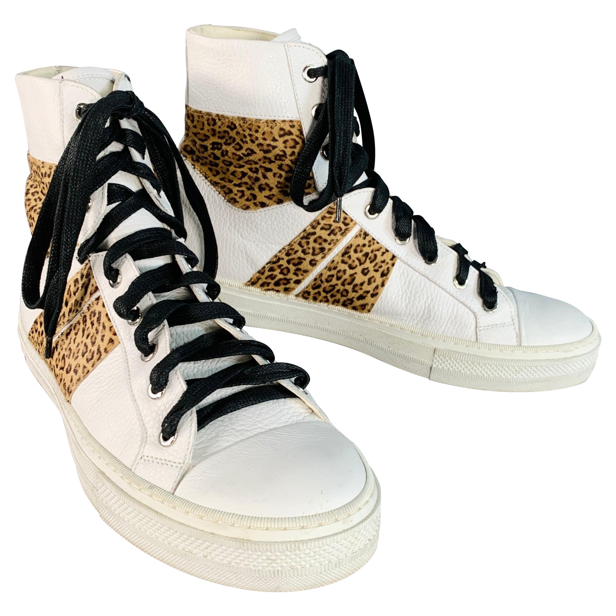 AMIRI Size 11 White Brown Animal Print Faux Fur Leather High Top Sneakers For Sale