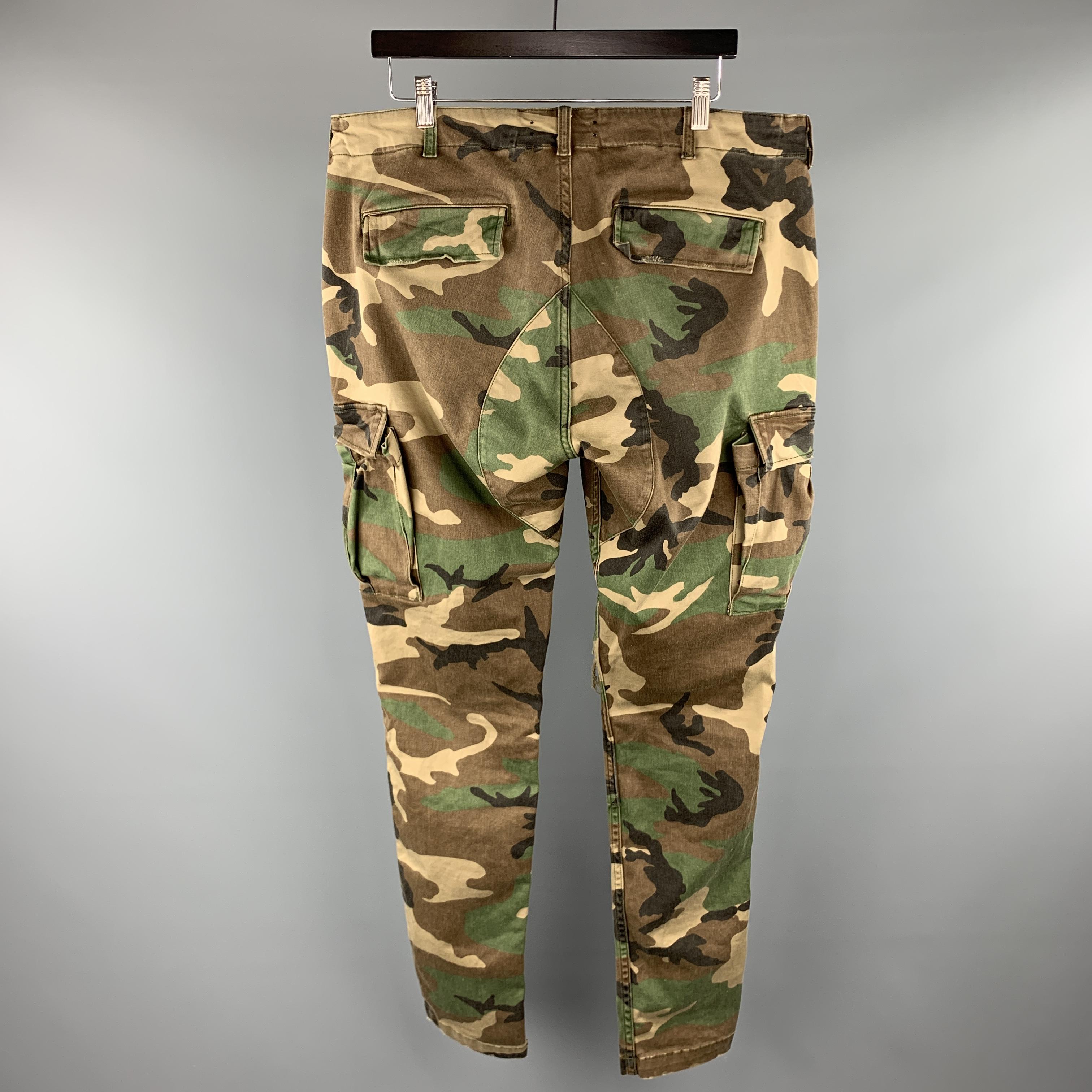 Brown AMIRI Size 34 x 34 Olive Camouflage Cotton Blend Cargo Casual Pants