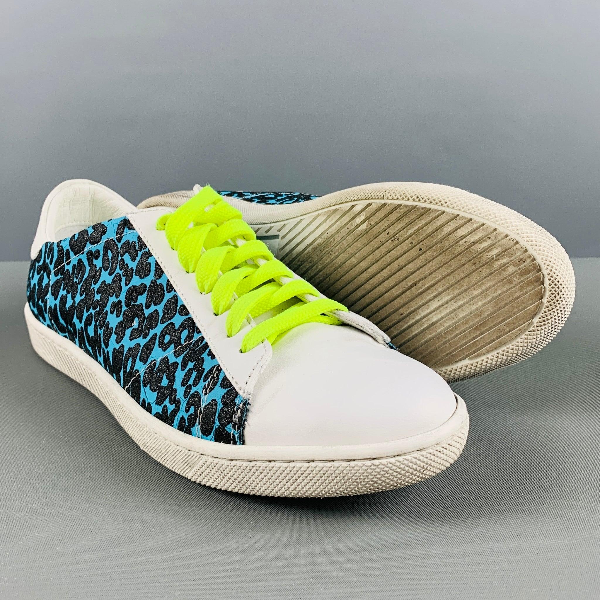 AMIRI Size 7 White Black & Blue Embossed Leather Low Top Sneakers For Sale 1