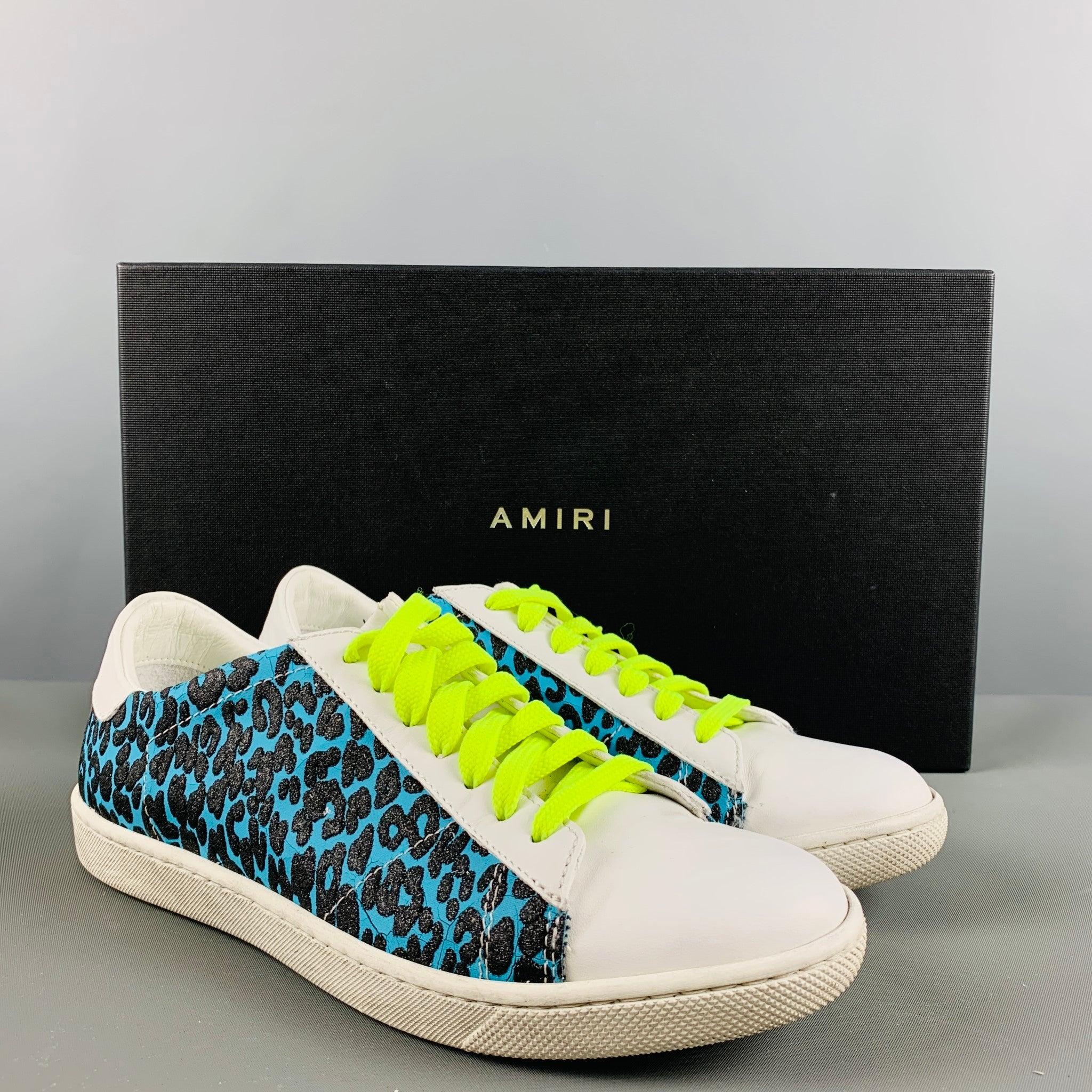 AMIRI Size 7 White Black & Blue Embossed Leather Low Top Sneakers For Sale 4