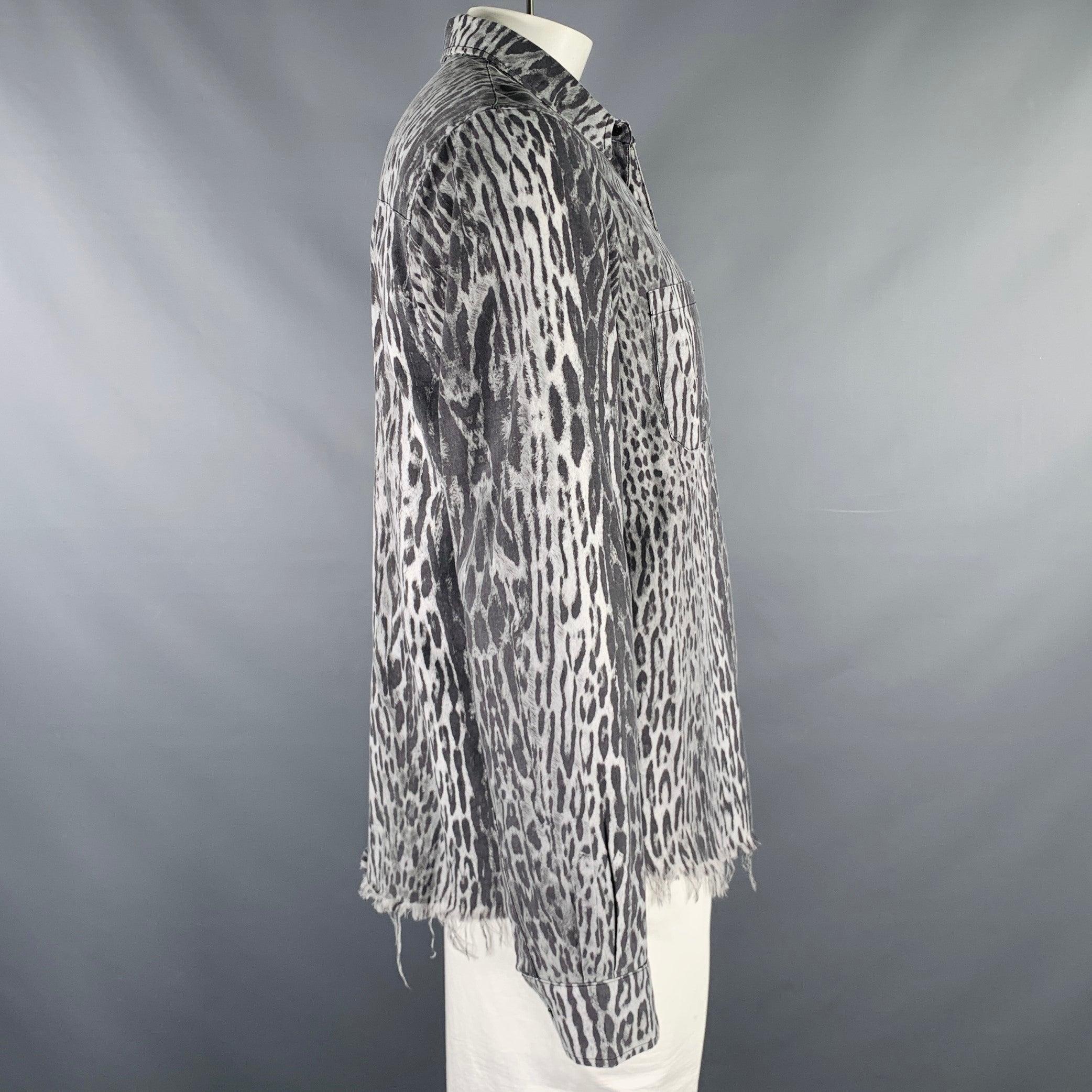 AMIRI Size L Grey Black Animal Print Cotton Button Up Long Sleeve Shirt In Excellent Condition In San Francisco, CA