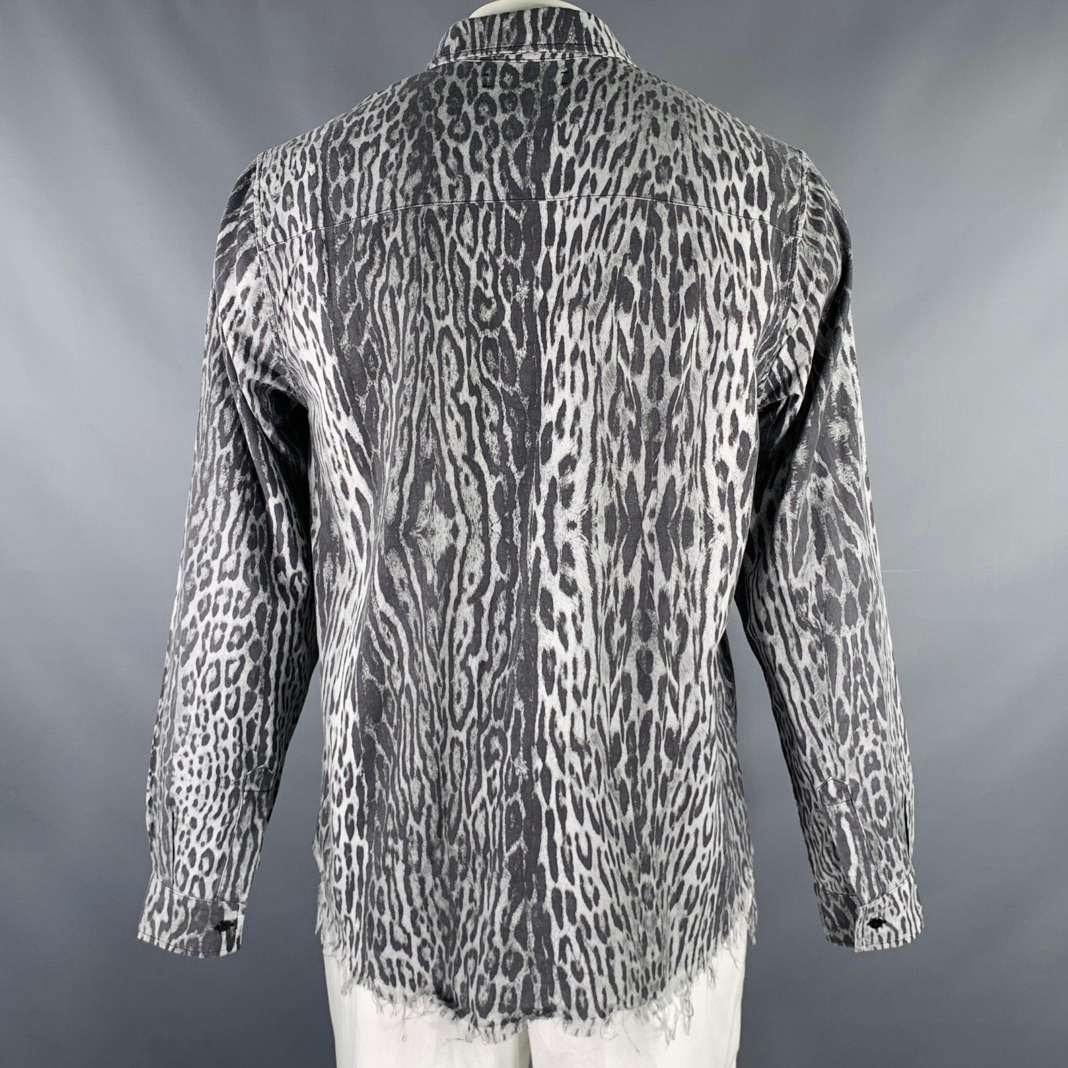 Men's AMIRI Size L Grey Black Animal Print Cotton Button Up Long Sleeve Shirt