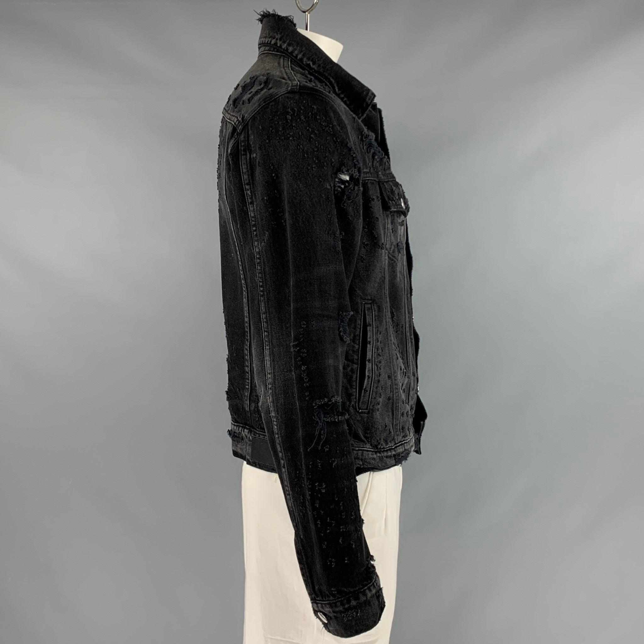 Amiri Size XL Black Grey Distressed Cotton Trucker Jacket Excellent état - En vente à San Francisco, CA