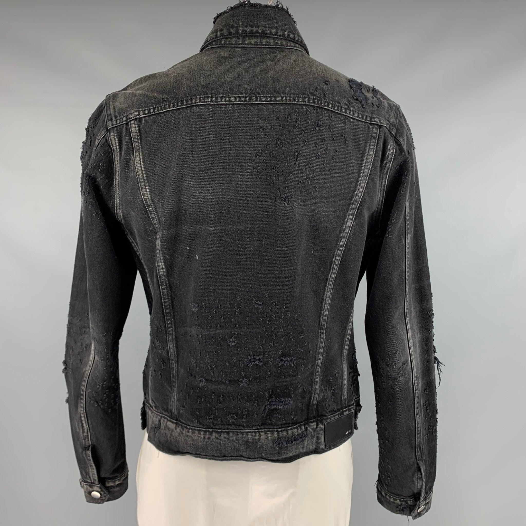 Men's AMIRI Size XL Black Grey Distressed Cotton Trucker Jacket For Sale