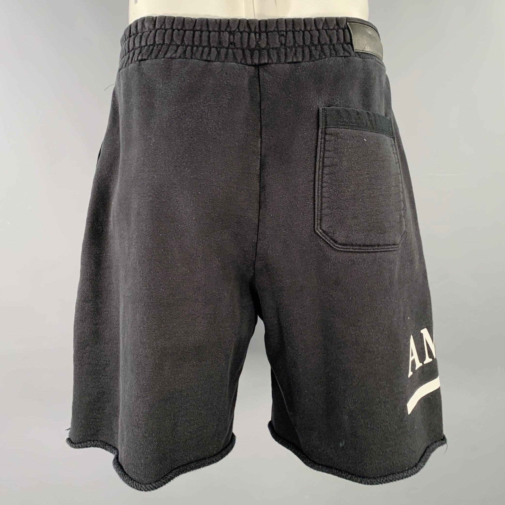 AMIRI Size XL Black White Logo Cotton Drawstring Shorts In Excellent Condition For Sale In San Francisco, CA