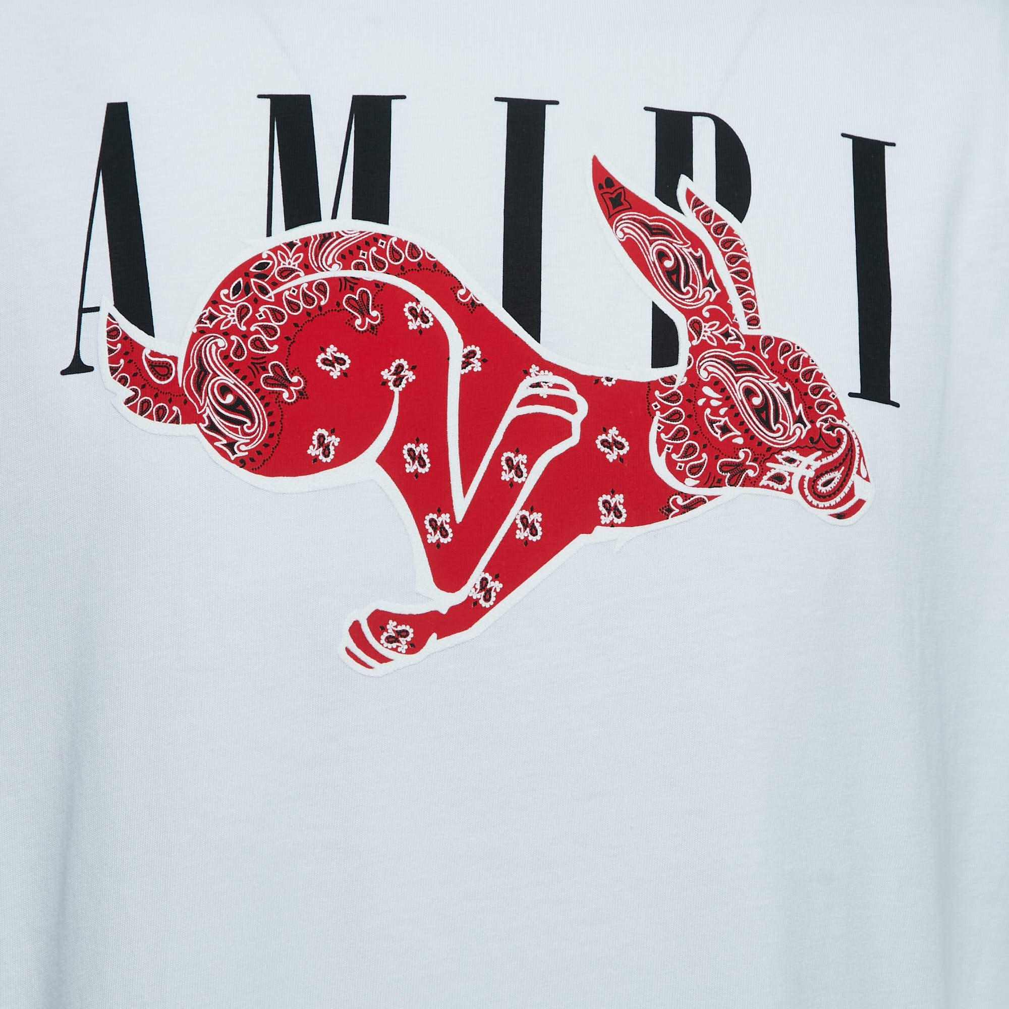 Amiri White Cotton Bandana Rabbit Logo Print T-Shirt T M. en vente 2