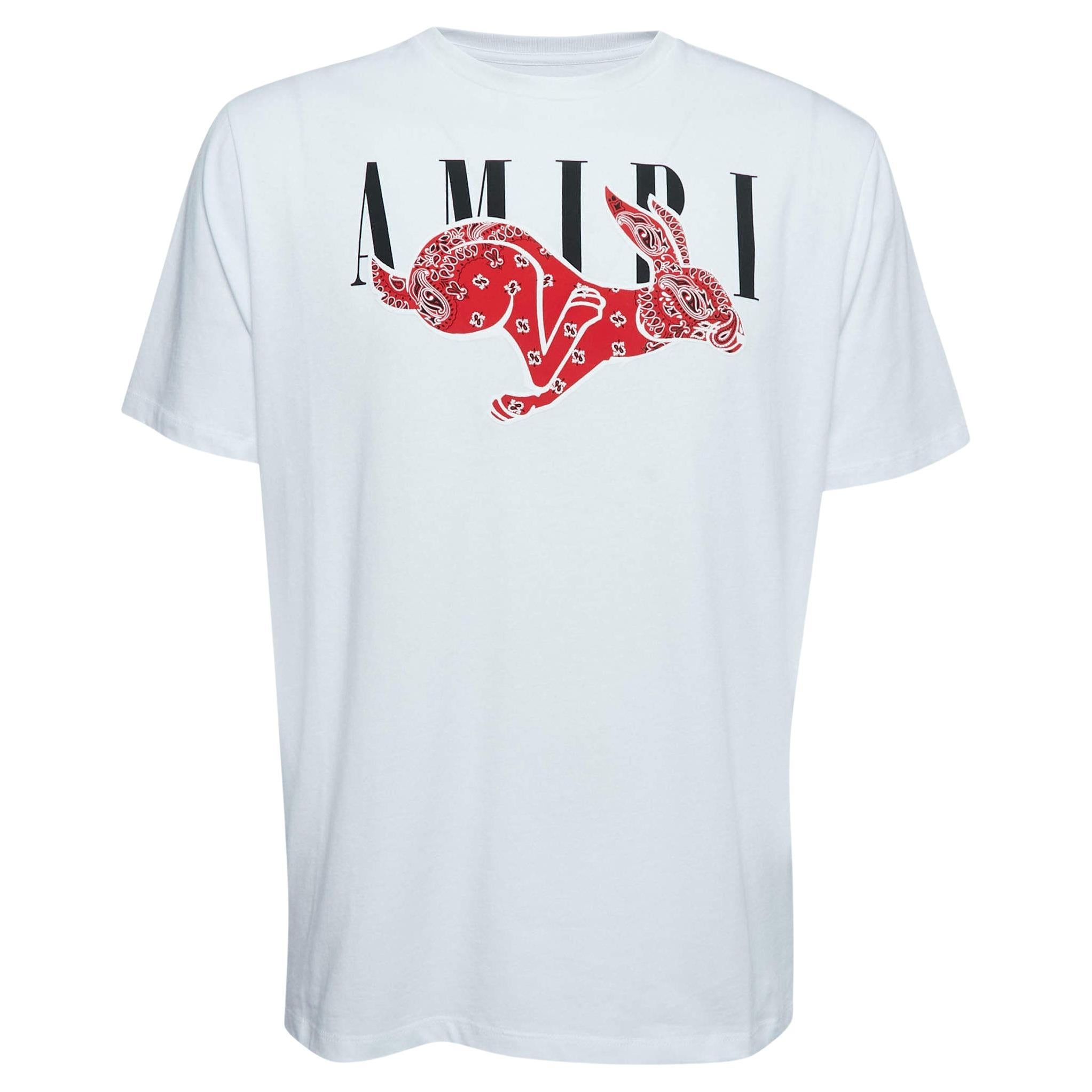 Amiri White Cotton Bandana Rabbit Logo Print T-Shirt T M. en vente
