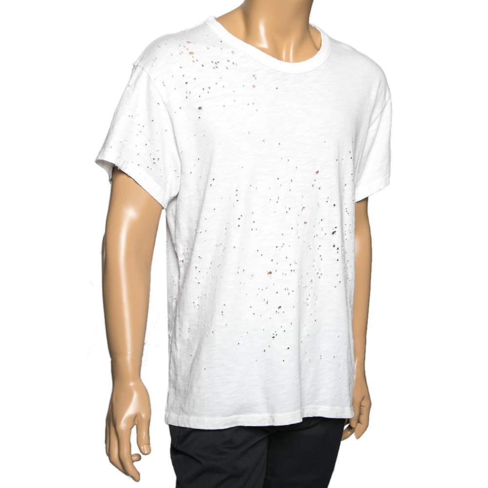 Gray Amiri White Distressed Cotton Crew Neck T Shirt S For Sale