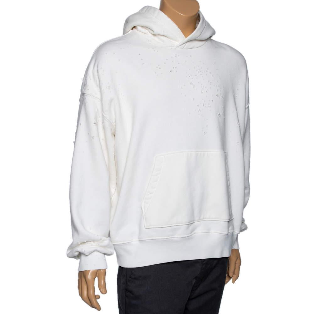 Amiri White Distressed Cotton à manches longues et capuche surdimensionnée S Bon état - En vente à Dubai, Al Qouz 2