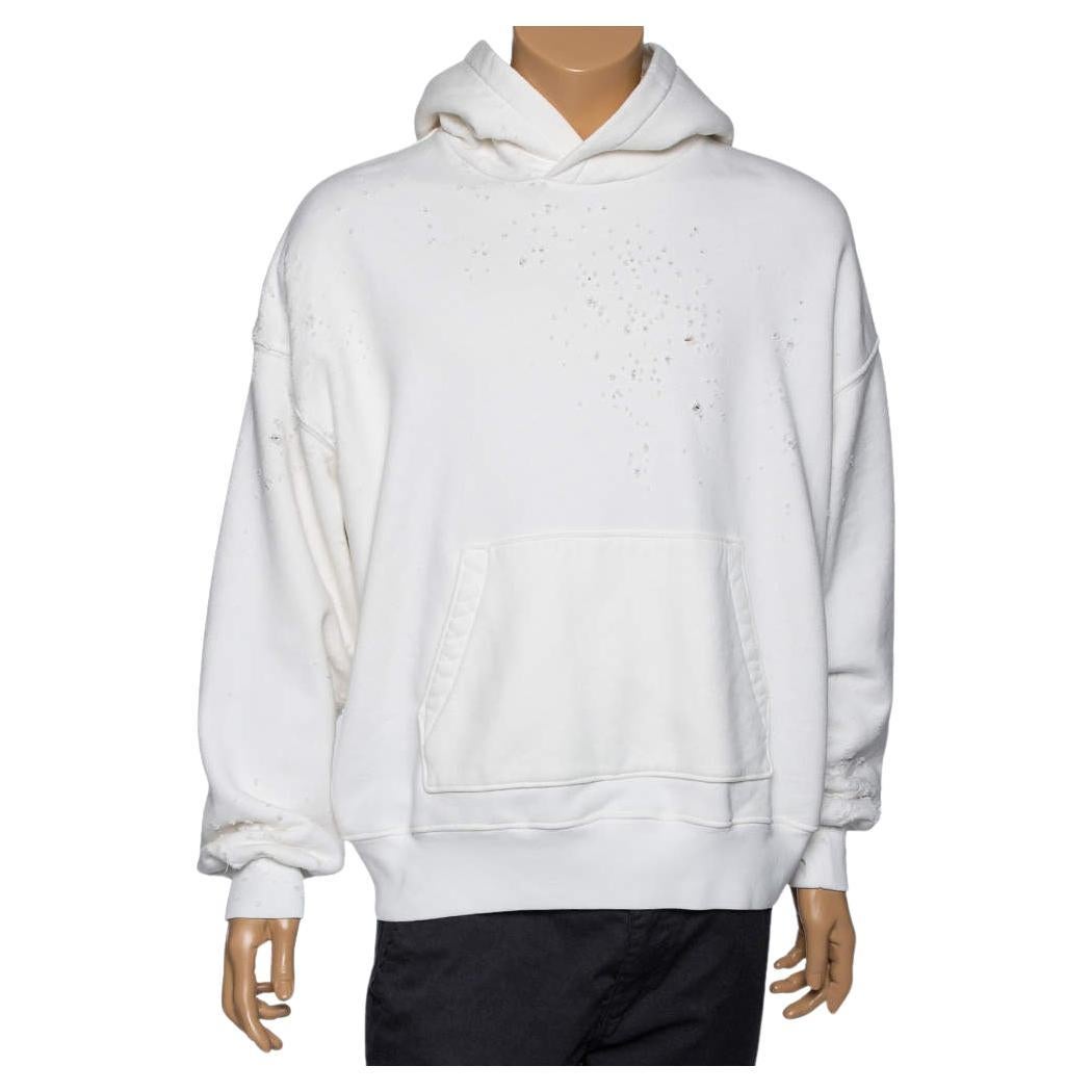 Amiri White Distressed Cotton Long Sleeve Oversized Hoodie S For Sale