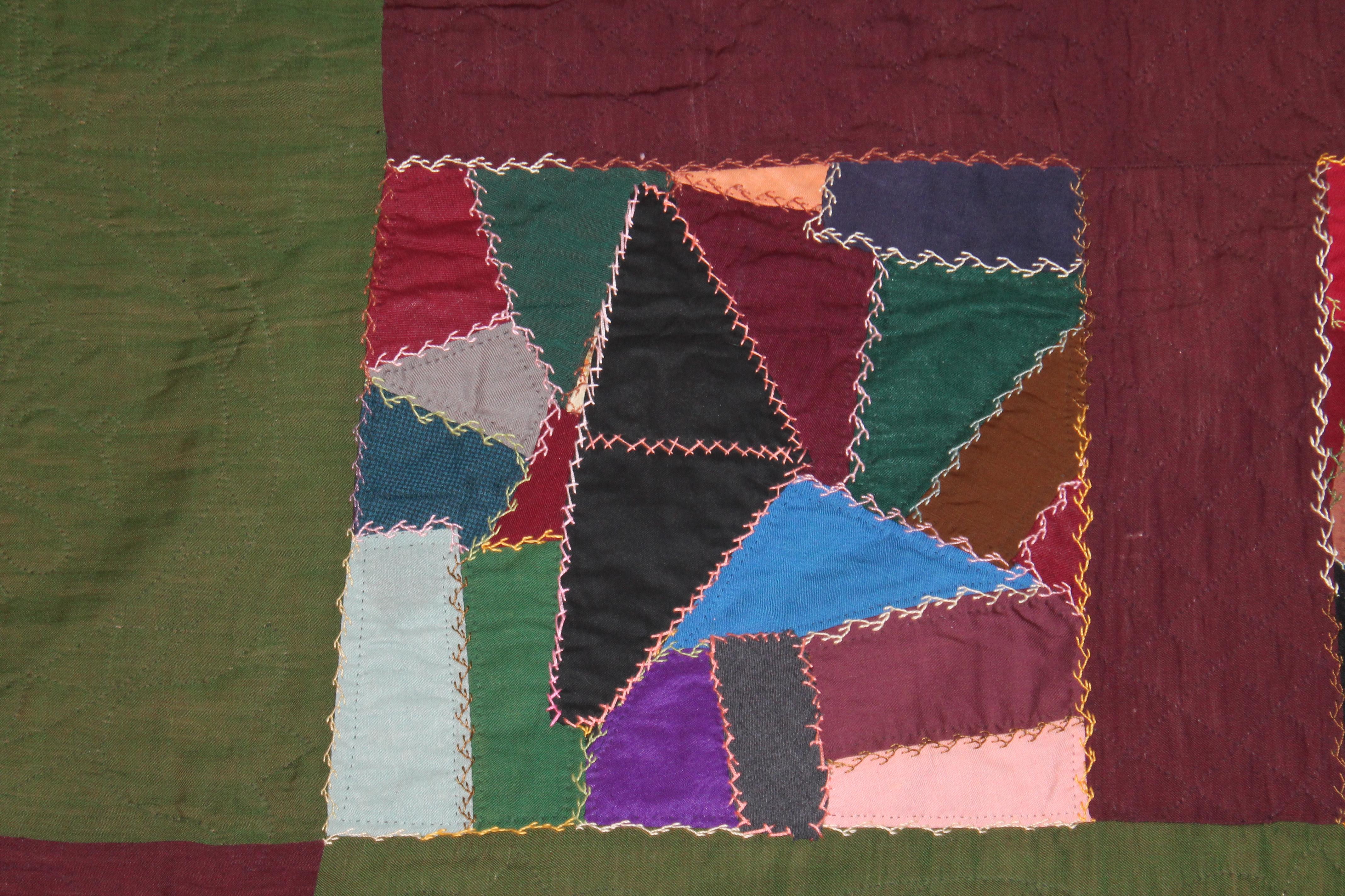 Amish 1920s Wool Contained Crazy Quilt Lancaster Co.Pa. In Good Condition For Sale In Los Angeles, CA