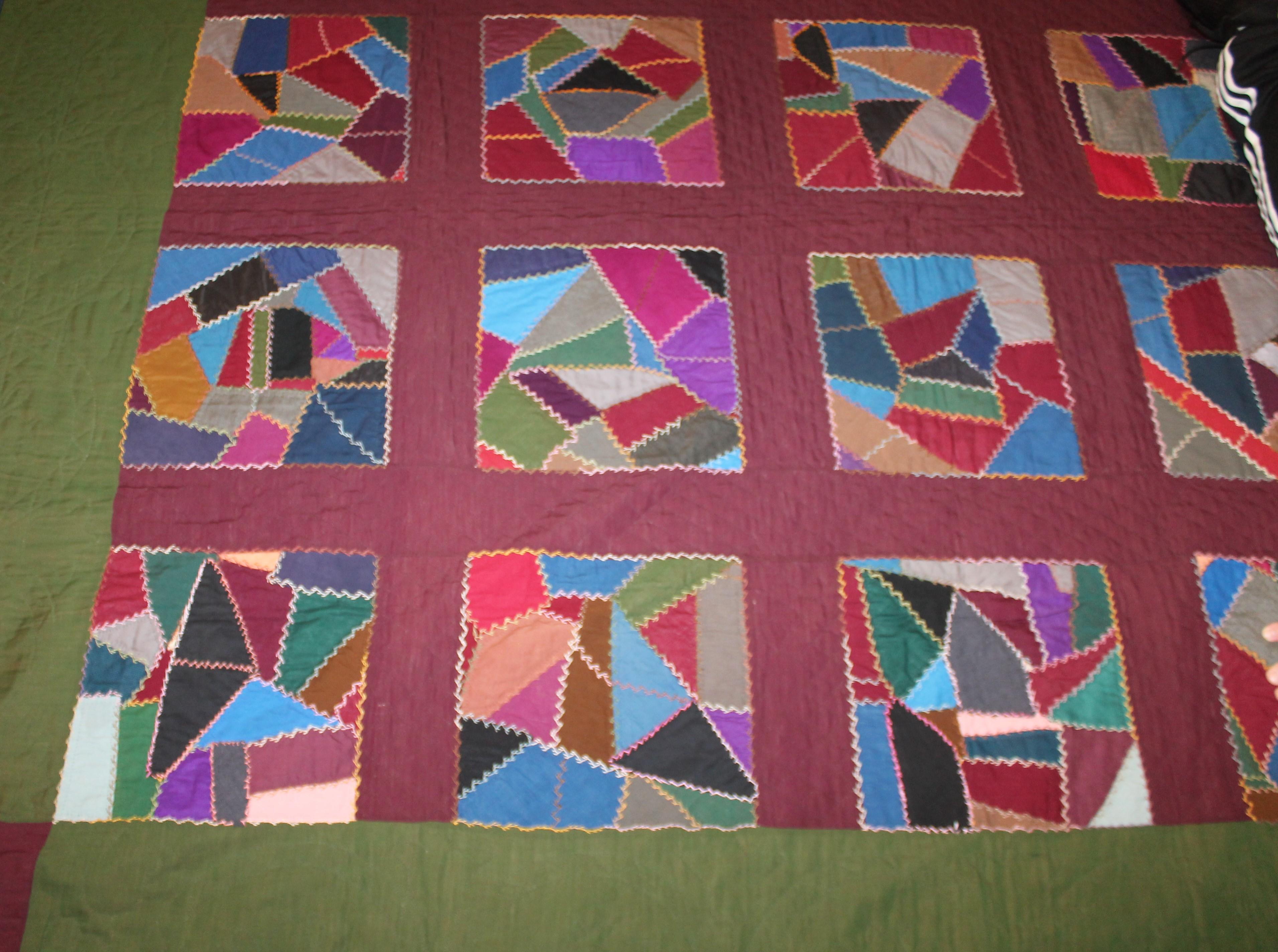 20th Century Amish 1920s Wool Contained Crazy Quilt Lancaster Co.Pa. For Sale