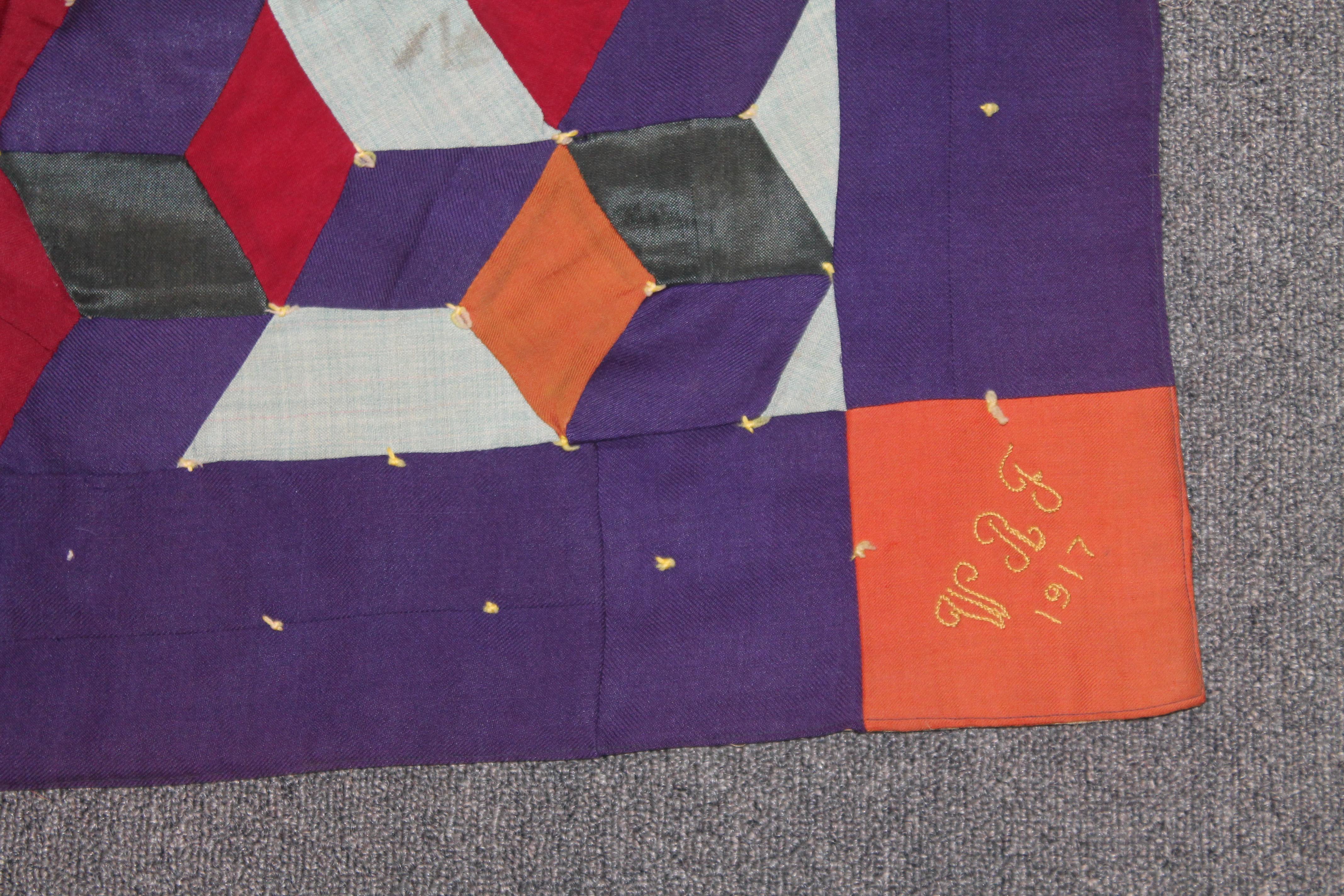 American Amish Antique Quilt, Wool Tumbling Blocks, Signed WRF 1917
