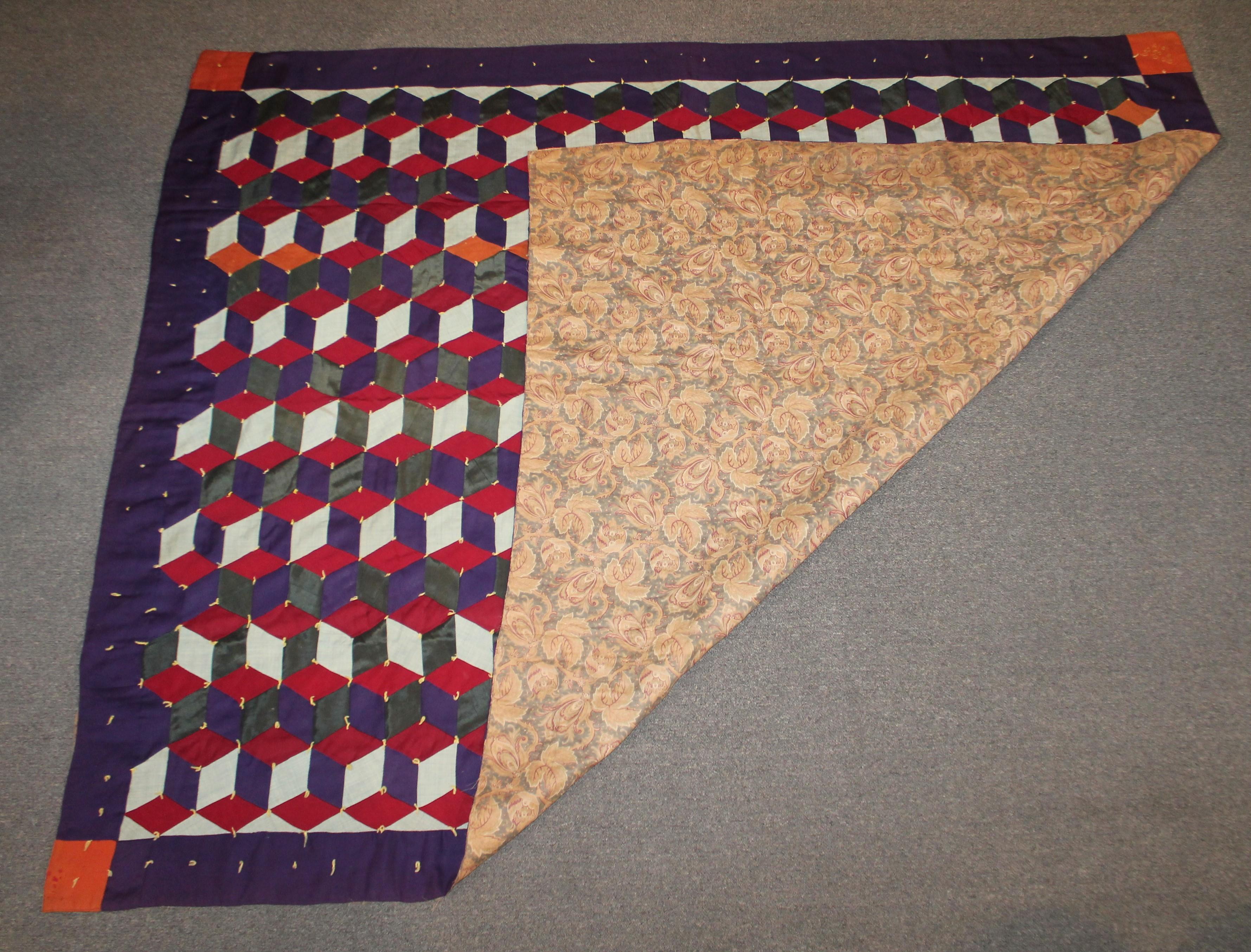 Hand-Crafted Amish Antique Quilt, Wool Tumbling Blocks, Signed WRF 1917