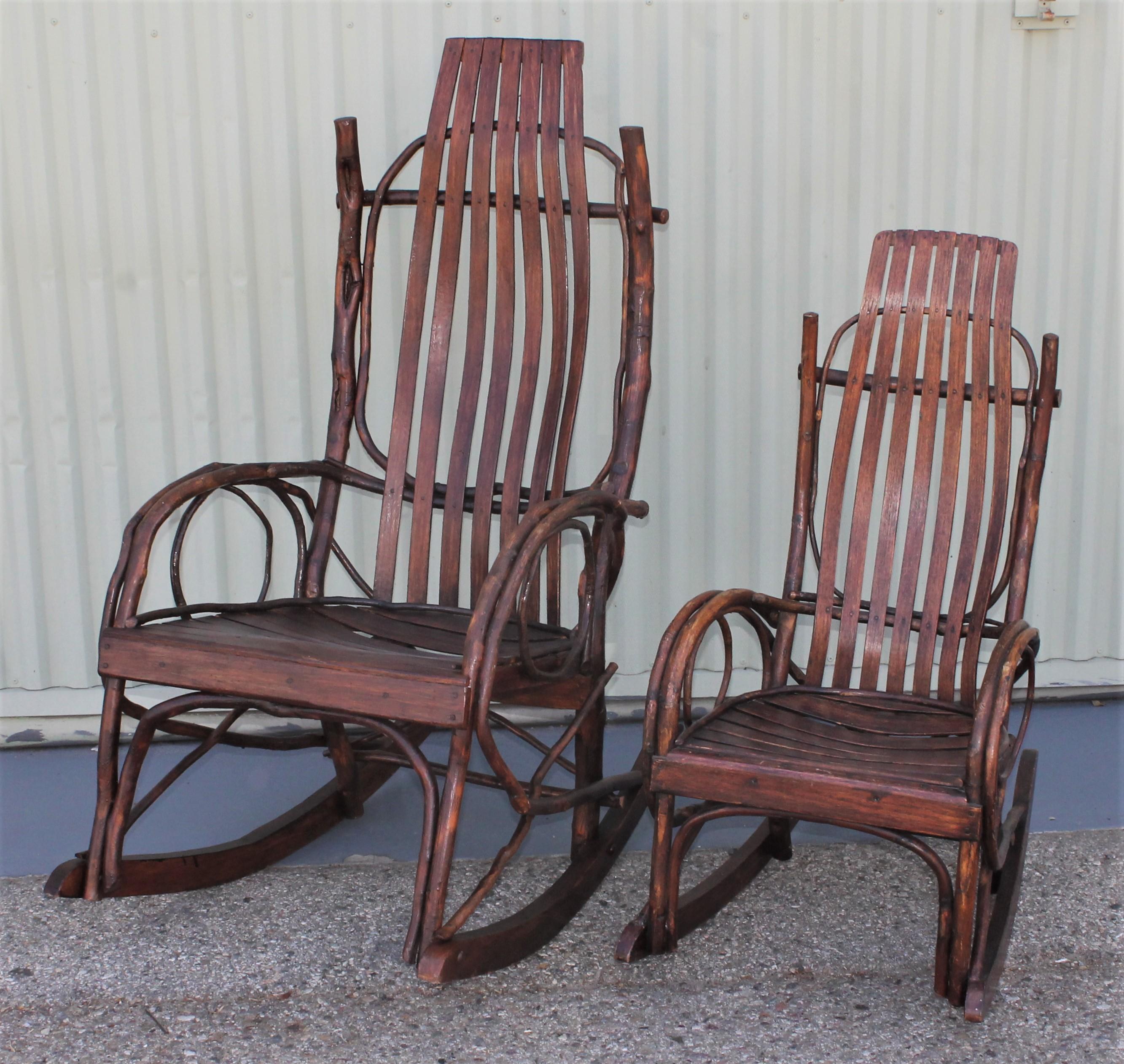 These bent wood rocking chairs are in fantastic condition. Both are in working condition and have a nice worn patina. They were found in Pennsylvania in Lancaster County.

Child's rocker measures 
26 inches deep x 17 inches wide x 32 inches high