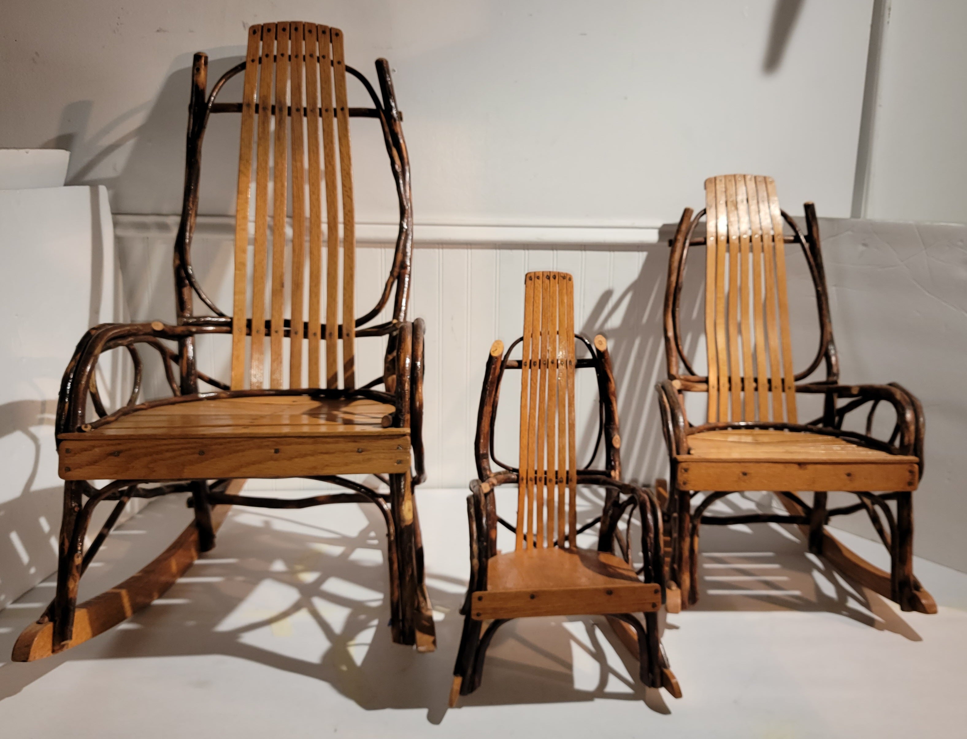 Amish hand made children's rocking chairs in fine condition. 
These rocking chairs are marked Amish 1988 from Lancaster County, Pennsylvania. These children's rocking chairs are all in great condition and very sturdy. 

Sold as a collection of