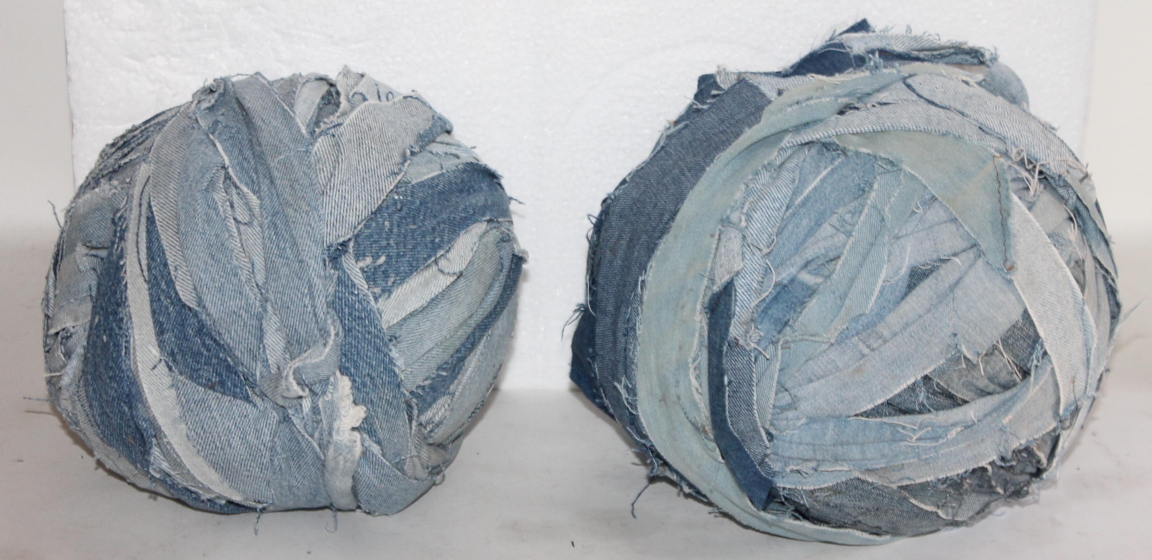 These large Amish denim rag balls used to make braided rugs. Fantastic country look of four rag balls.