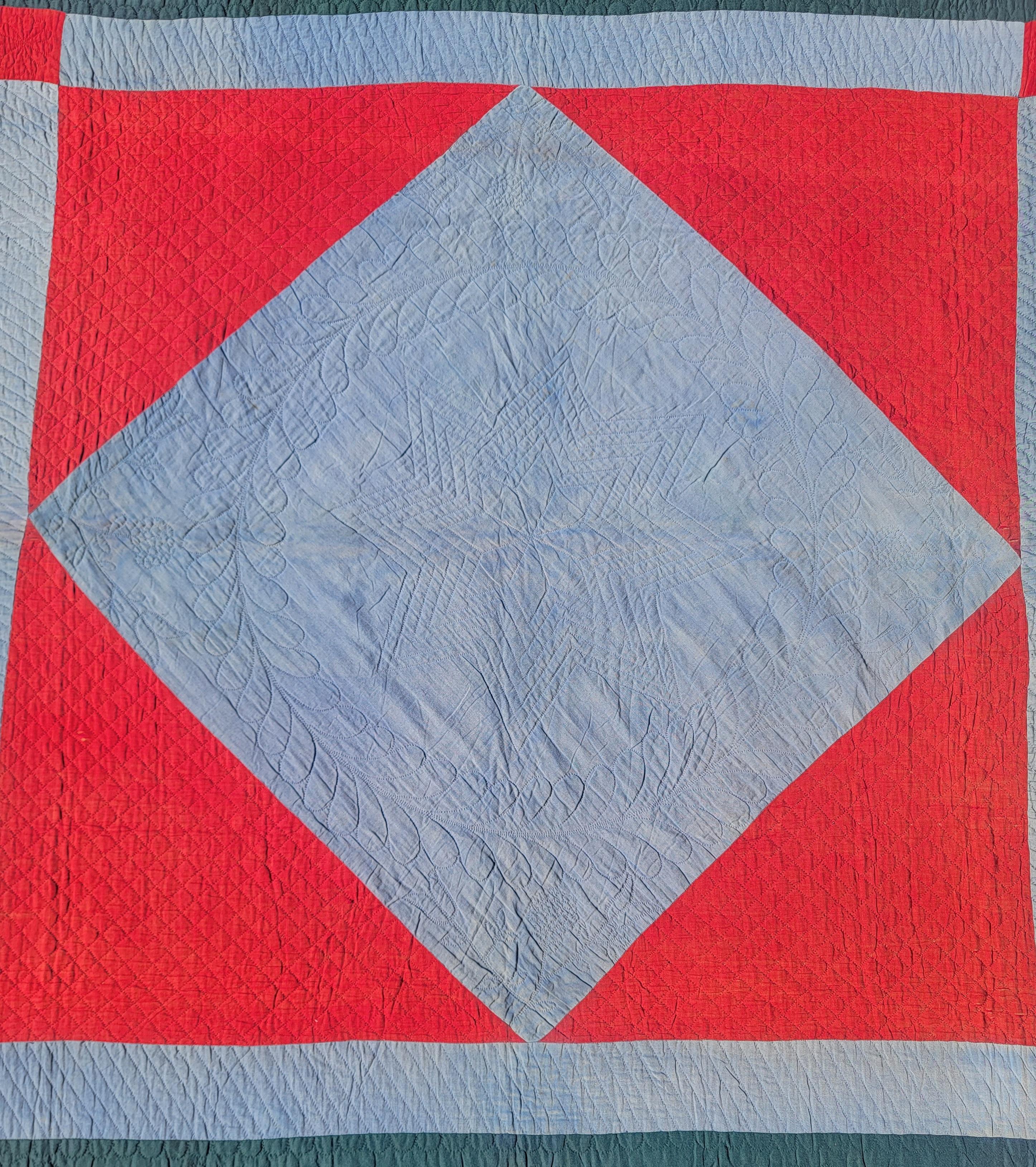 Amish all wool diamond in a square from Lancaster County, Pennsylvania in fine condition. It has fold marks in the center diamond in a square. This quilt is all wool. The early diamond are much harder to find then the later ones. The back is a fine