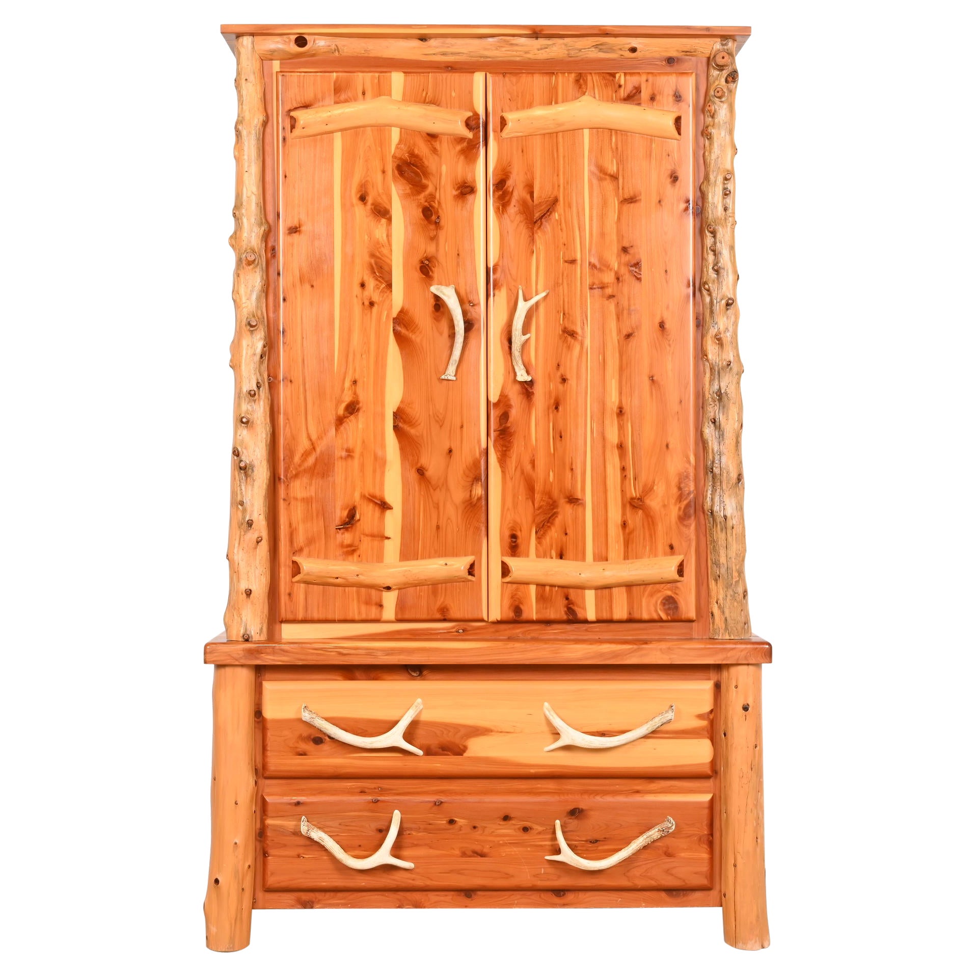 Amish Made Handcrafted Rustic Lodge Cedar and Faux Antler Armoire Dresser