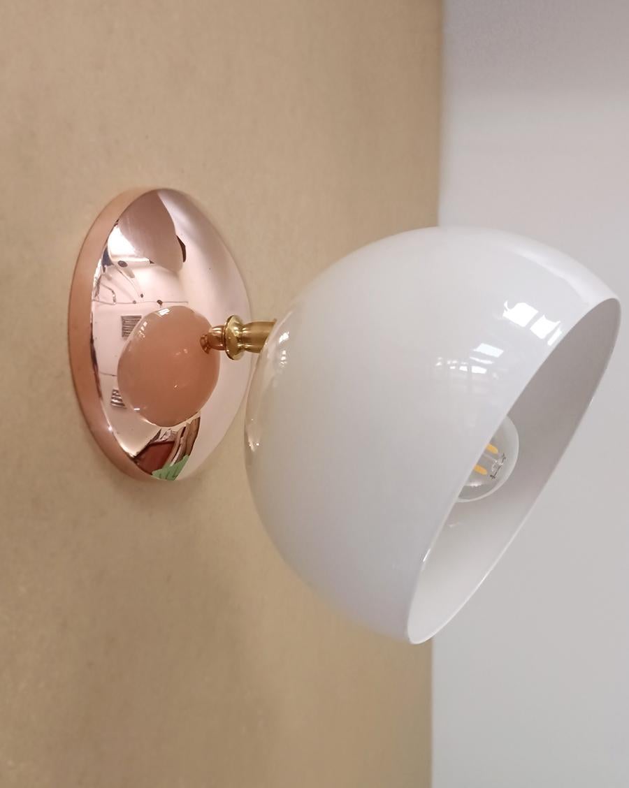 Amisto - solid copper, brass and steel shade in white cream.
Pink(ish) copper and brass are polishes but not painted/ coated (coated on request). 

Lamping: 1 x E26/E27 

We can make it also as plug-in version.


Although default delivery time is