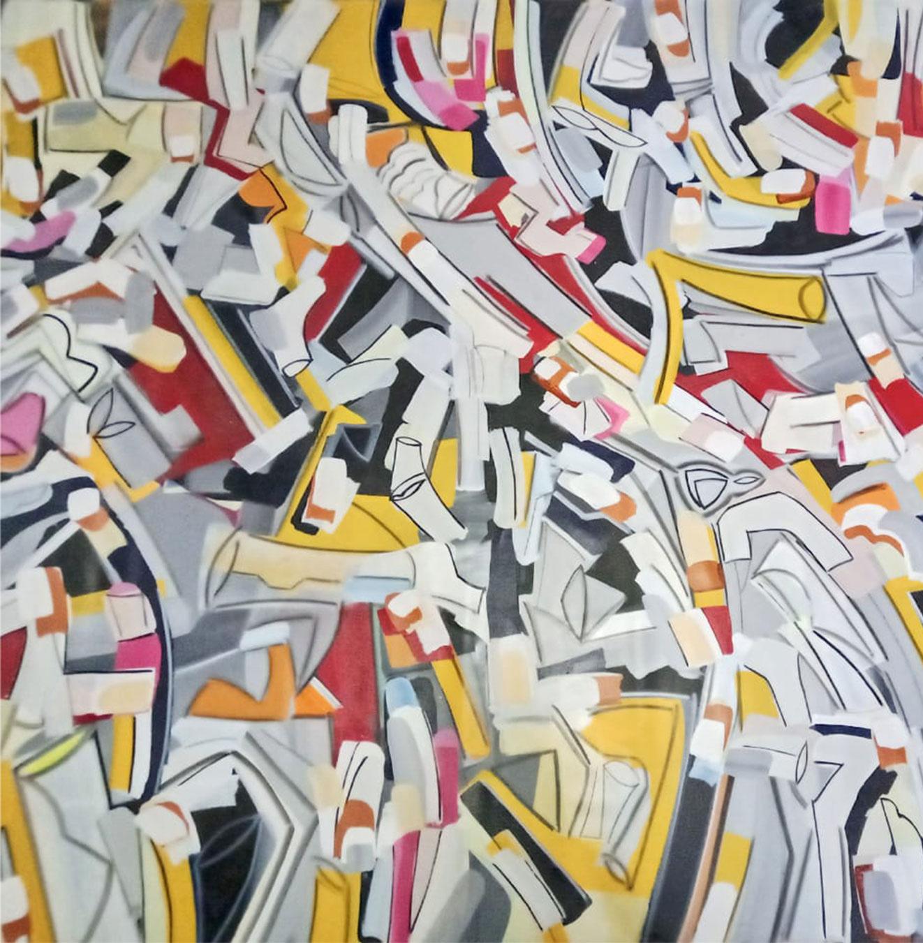 Abstraktes abstraktes Gemälde, Acryl auf Leinwand, rot, gelb, rosa, weiß, schwarz, auf Lager „“ – Painting von Amit Kalla