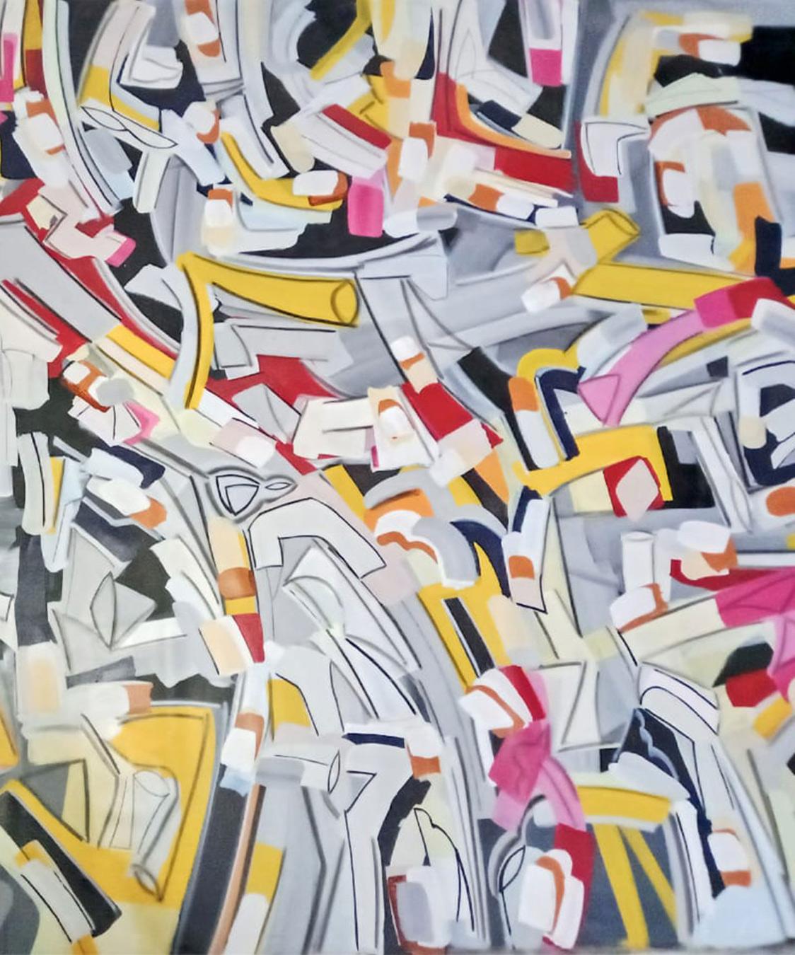 Abstraktes abstraktes Gemälde, Acryl auf Leinwand, rot, gelb, rosa, weiß, schwarz, auf Lager „“ (Beige), Interior Painting, von Amit Kalla