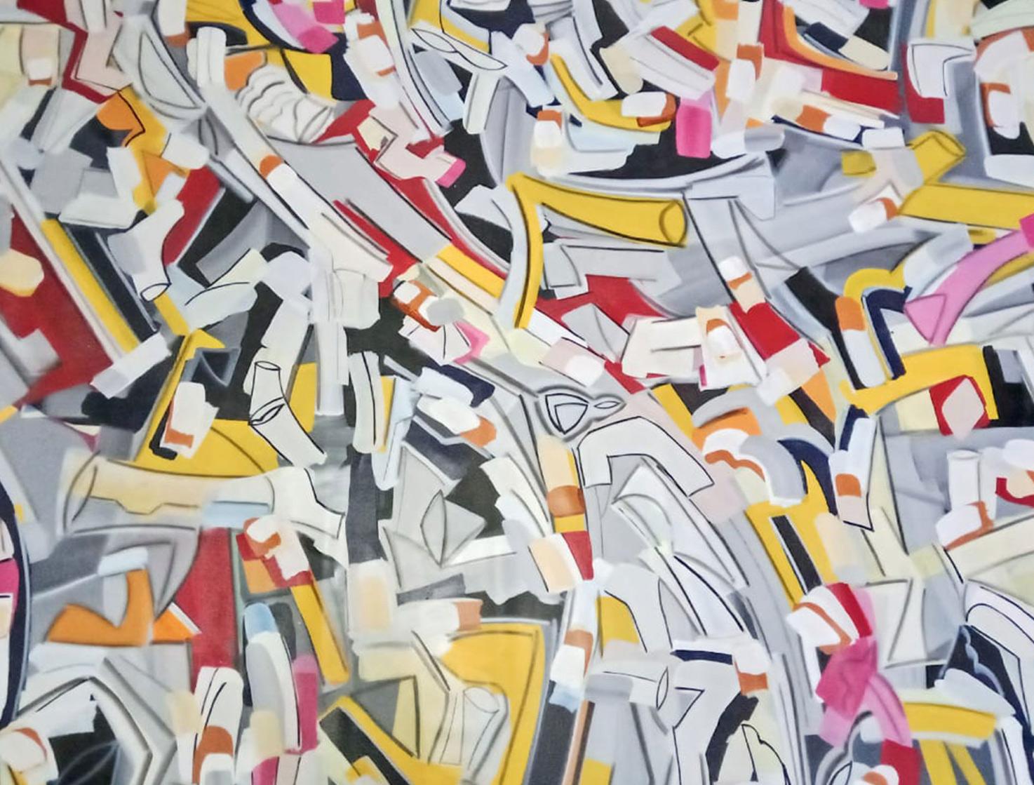 Abstraktes abstraktes Gemälde, Acryl auf Leinwand, rot, gelb, rosa, weiß, schwarz, auf Lager „“ im Angebot 1