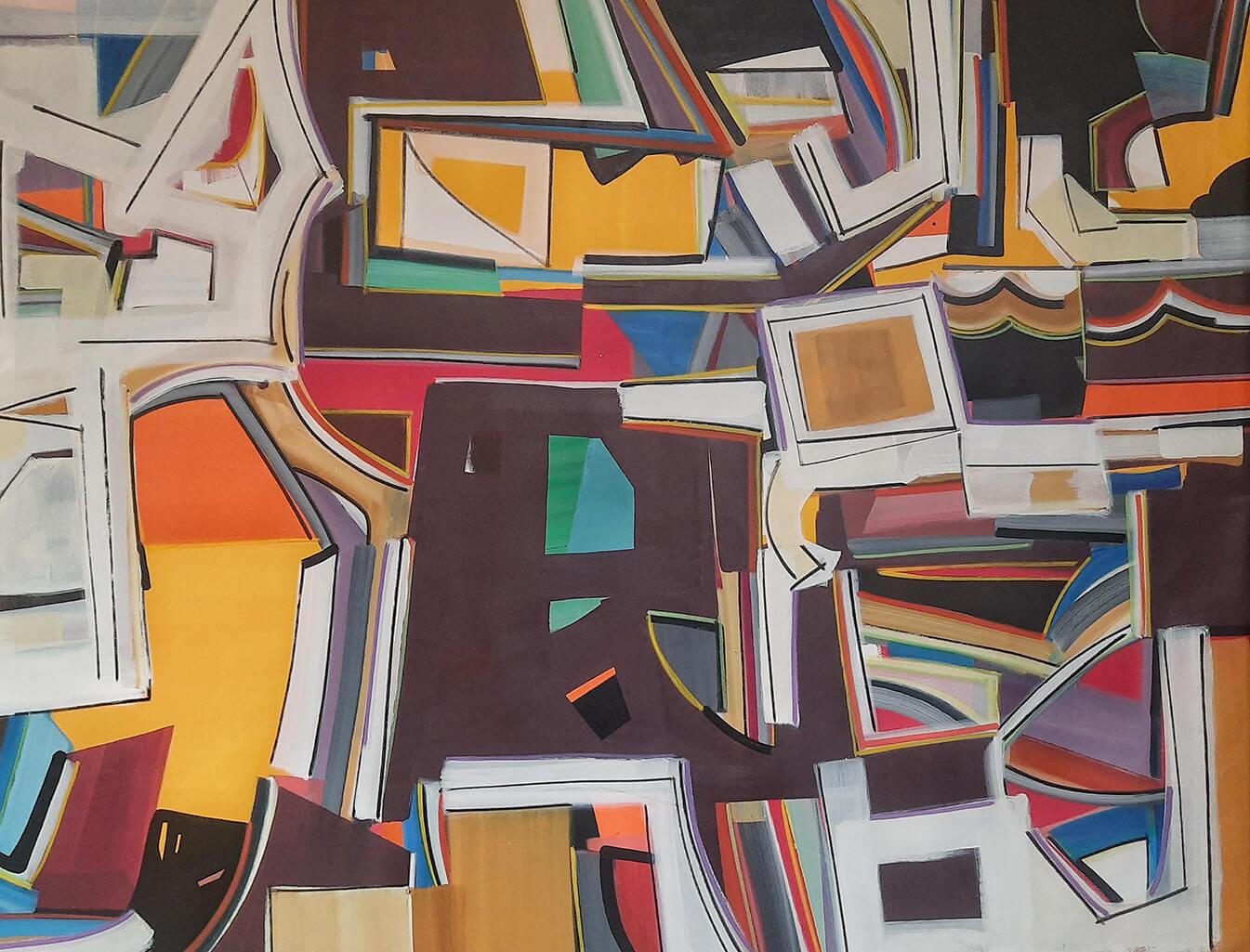 Amit Kalla Interior Painting - Transending Forms, Acrylic, Canvas, Brown, Yellow, Red, Orange, Blue "In Stock"