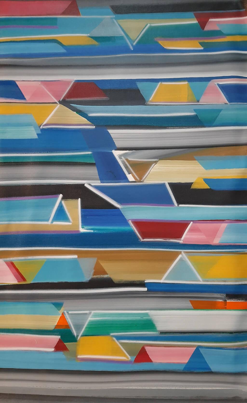 Amit Kalla Interior Painting – Abstrakt-meditative abstrakte Leinwand, Acryl, Leinwand, Blau, Rot, Rosa, Gelb, Orange „“Auf Lager“