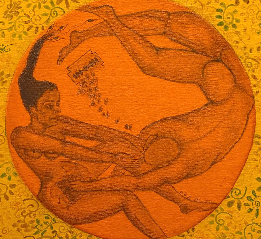 Tat Tvam Asi - Vous êtes moi, graphite et acrylique sur toile, symbolisme, art indien - Orange Figurative Painting par Amita Bhatt