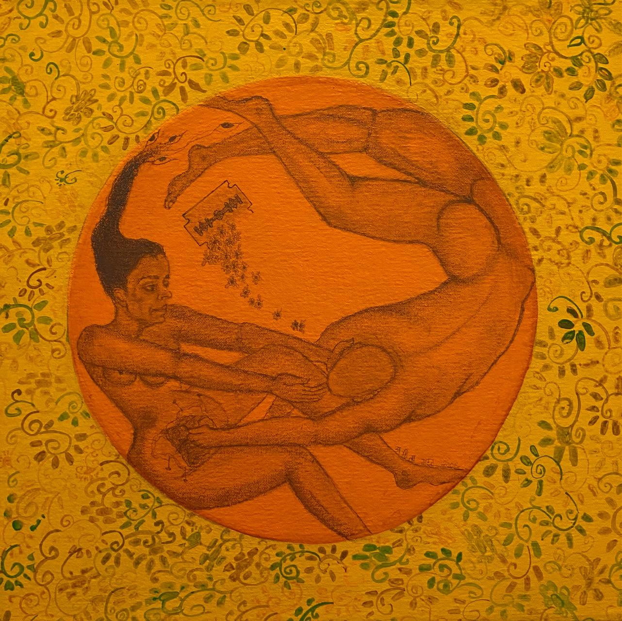 Figurative Painting Amita Bhatt - Tat Tvam Asi - Vous êtes moi, graphite et acrylique sur toile, symbolisme, art indien