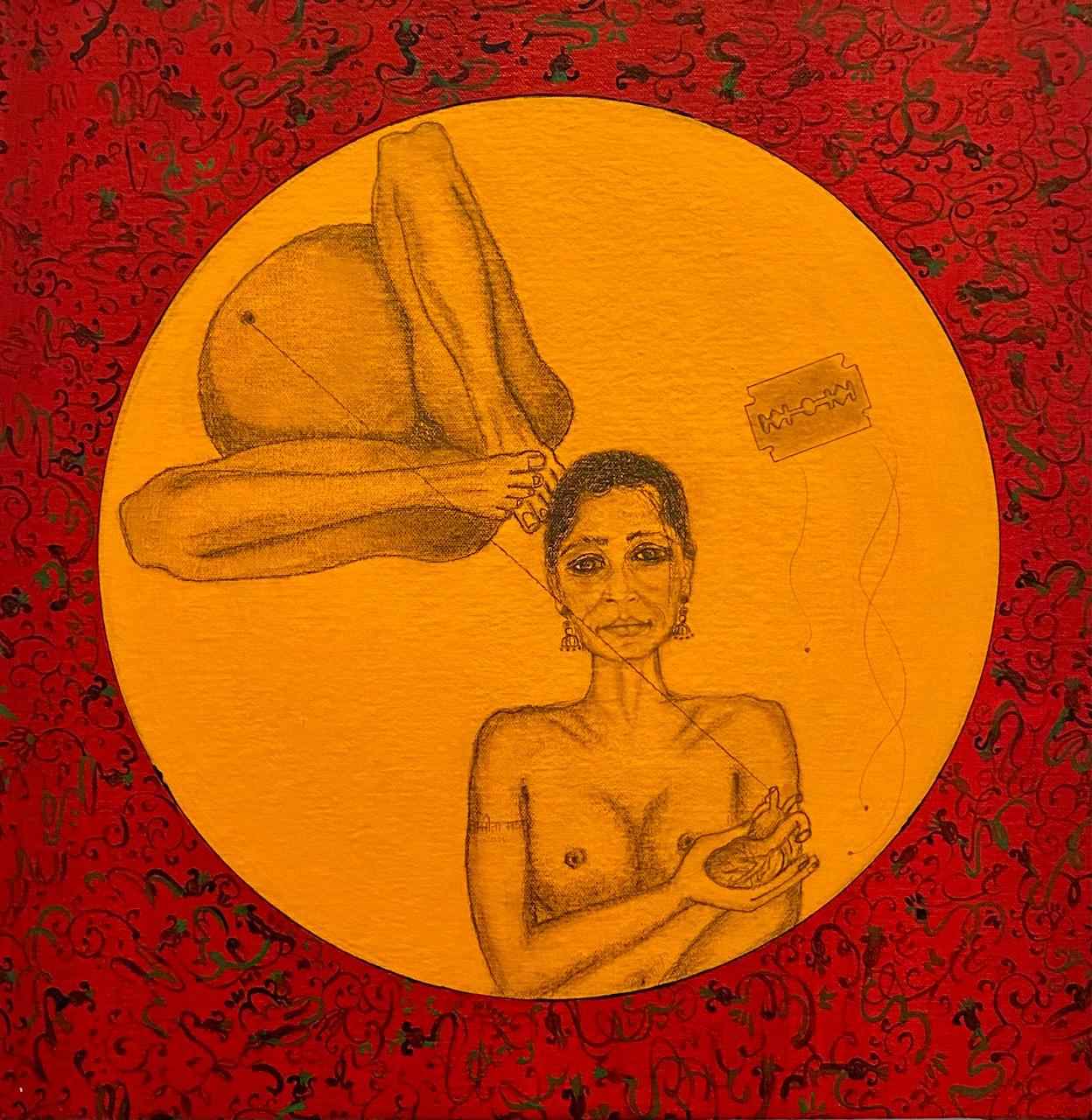 Amita Bhatt Figurative Art - "300 Yards and a Bullet. That's all I need!, " Graphite and Acrylic on Canvas 