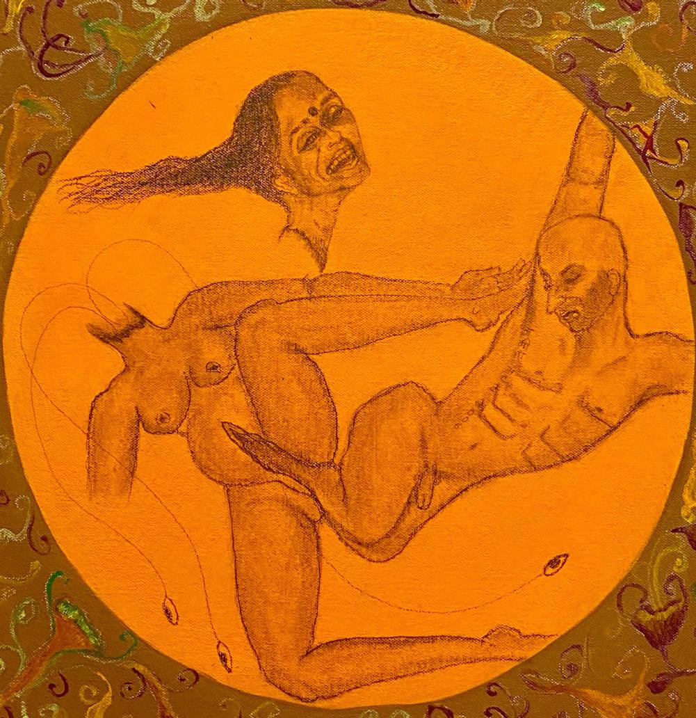 Cette peinture sur toile au graphite et à l'acrylique fait partie d'une série intitulée « Lovers and Assassins ». Ici, Bhatt joue avec l'idée de séduction, d'estime de soi, de persécution, de systèmes de croyance et de radicalisation.

Amita Bhatt a