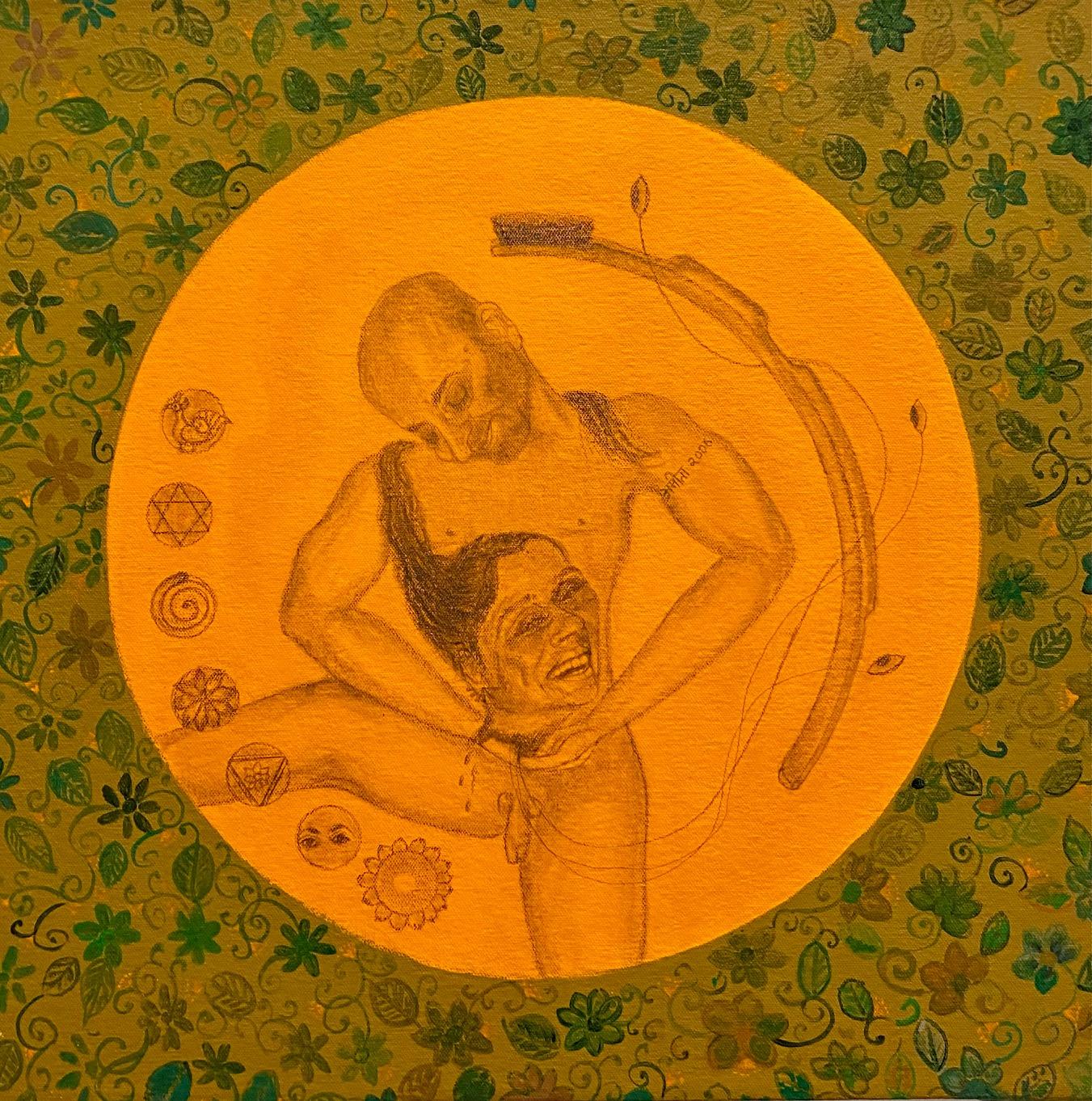 „In Death Shall We Meet?“, Graphit und Acryl auf Leinwand, Symbolik, indische Kunst