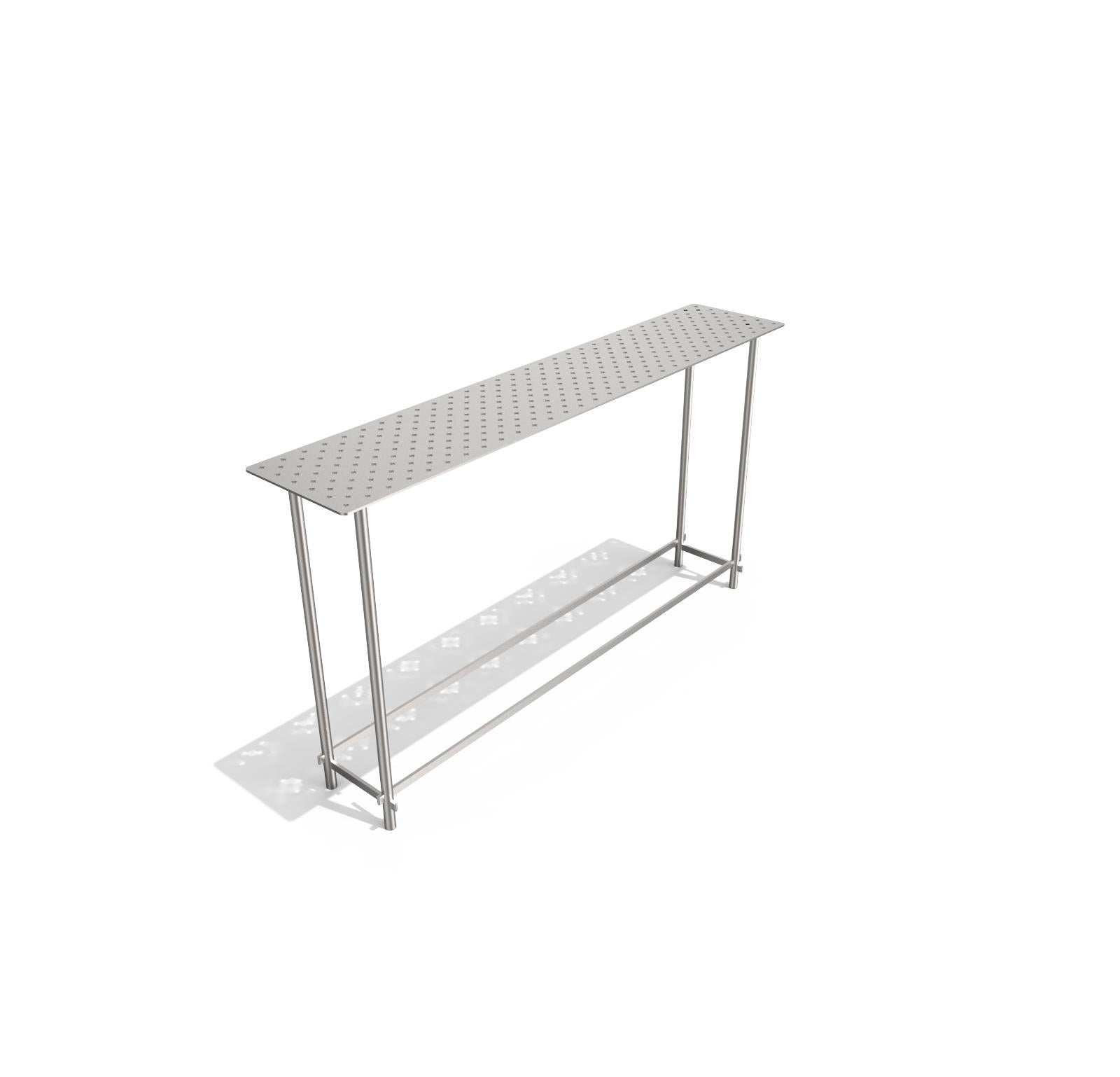 Metal console table with perforated top on a laser-cut interlocking tubular structure. Metal parts in RAL colors varnish or light brass/dark bronze/copper/dark grey satin finish.