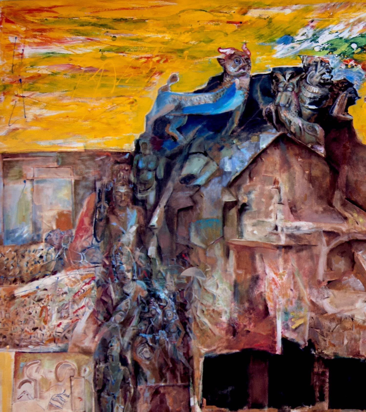 Changing Rock I, Série de paysages mythiques, héritage indien, huile sur toile, art « en stock » - Painting de Amitabh Sengupta