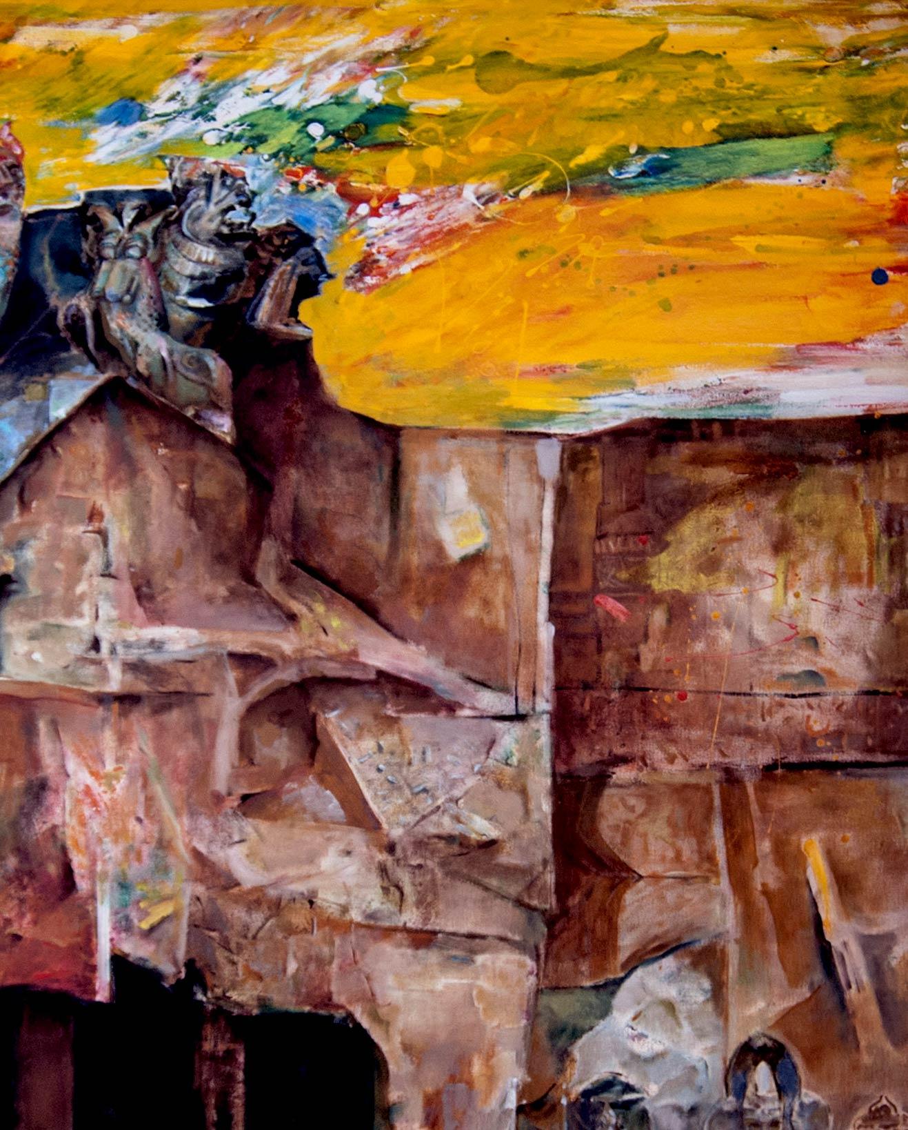 Changing Rock I, Série de paysages mythiques, héritage indien, huile sur toile, art « en stock » - Moderne Painting par Amitabh Sengupta