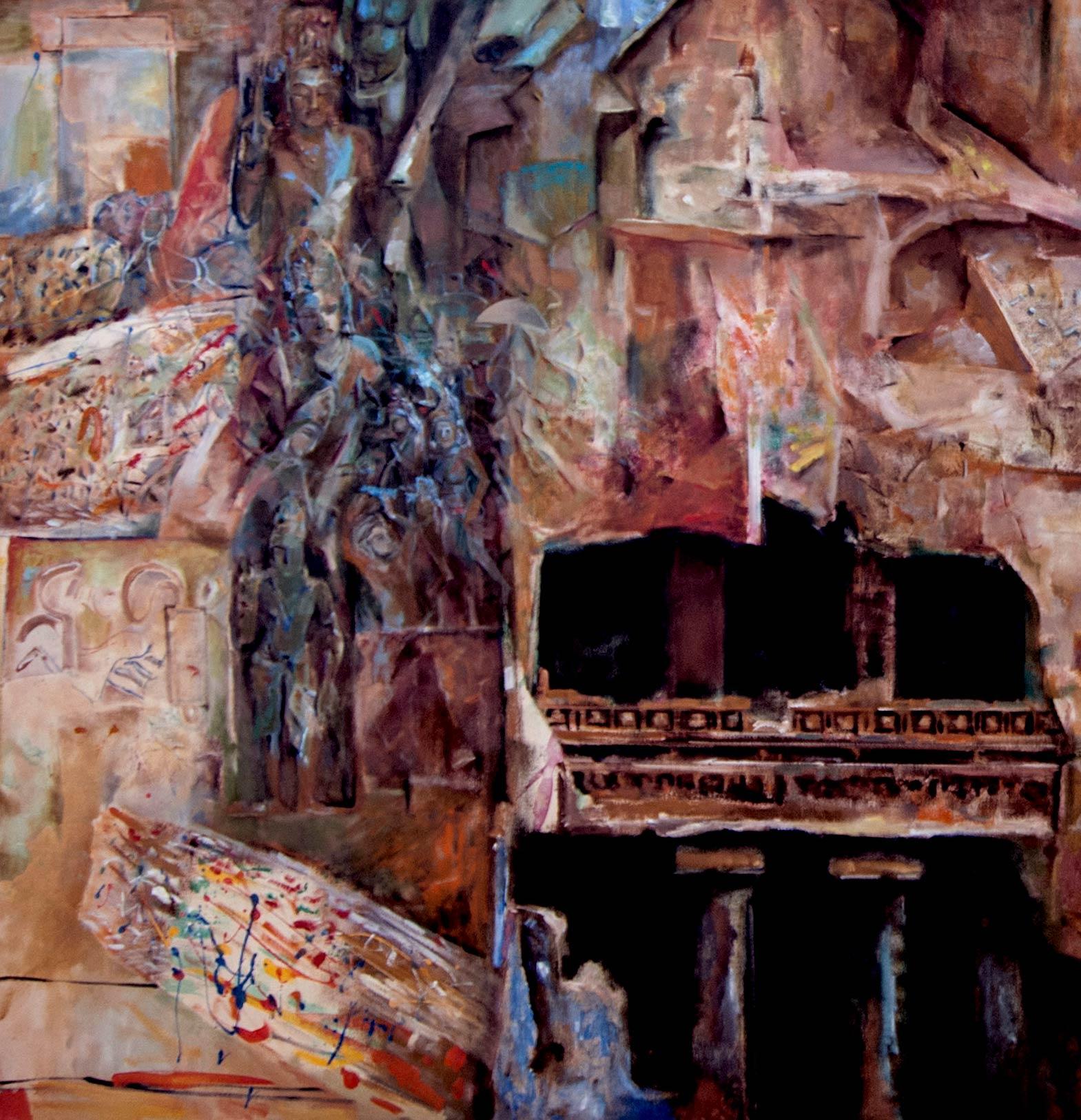 Changing Rock I, Série de paysages mythiques, héritage indien, huile sur toile, art « en stock » - Marron Abstract Painting par Amitabh Sengupta