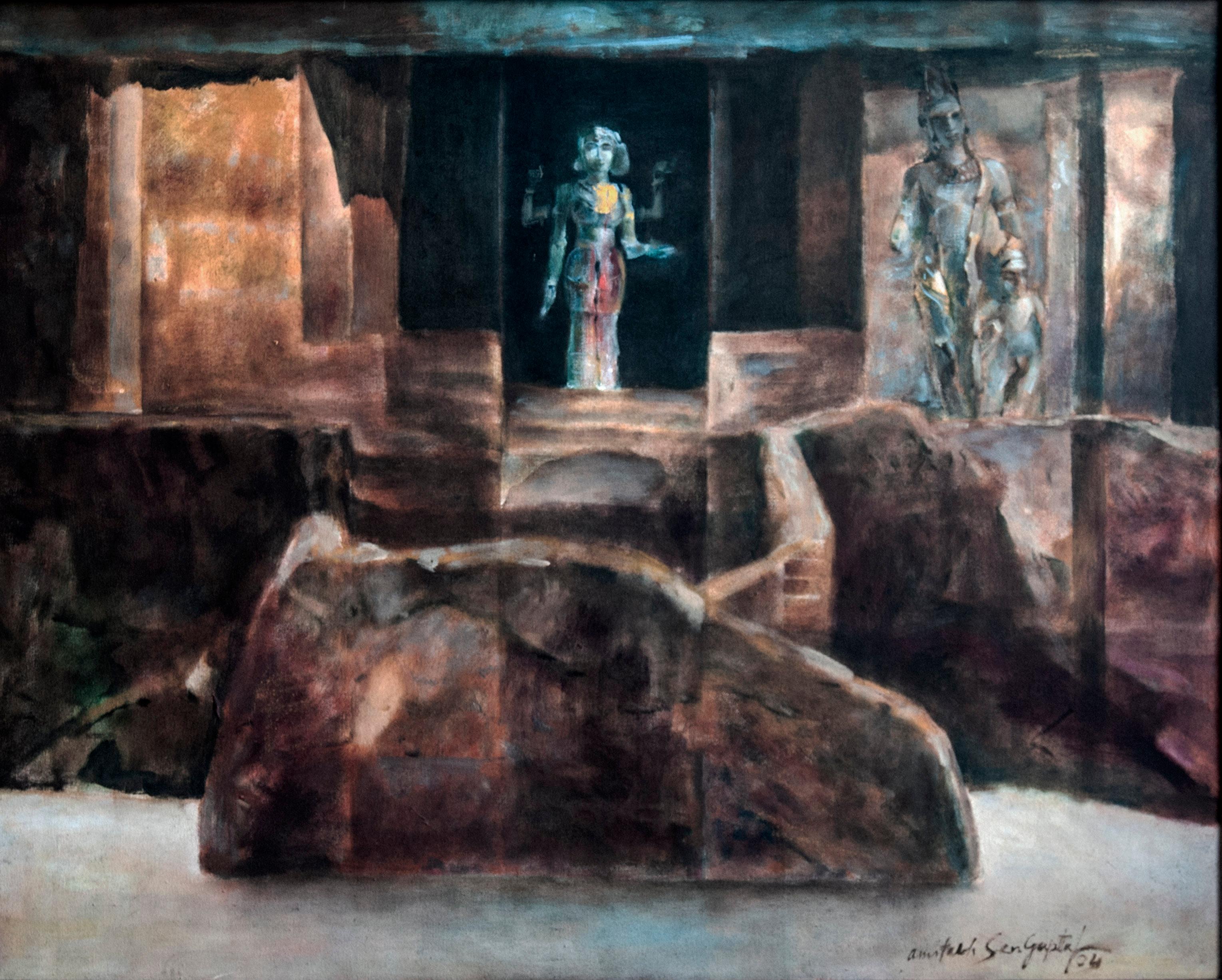 Amitabh Sengupta Figurative Painting - Deity, Mythscape Series, Structures, Indian Art, Oil on canvas, Brown "In Stock"