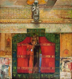 Embedded on the Door Red, Série de paysage mythique, abstrait de l'artiste indien « En stock »