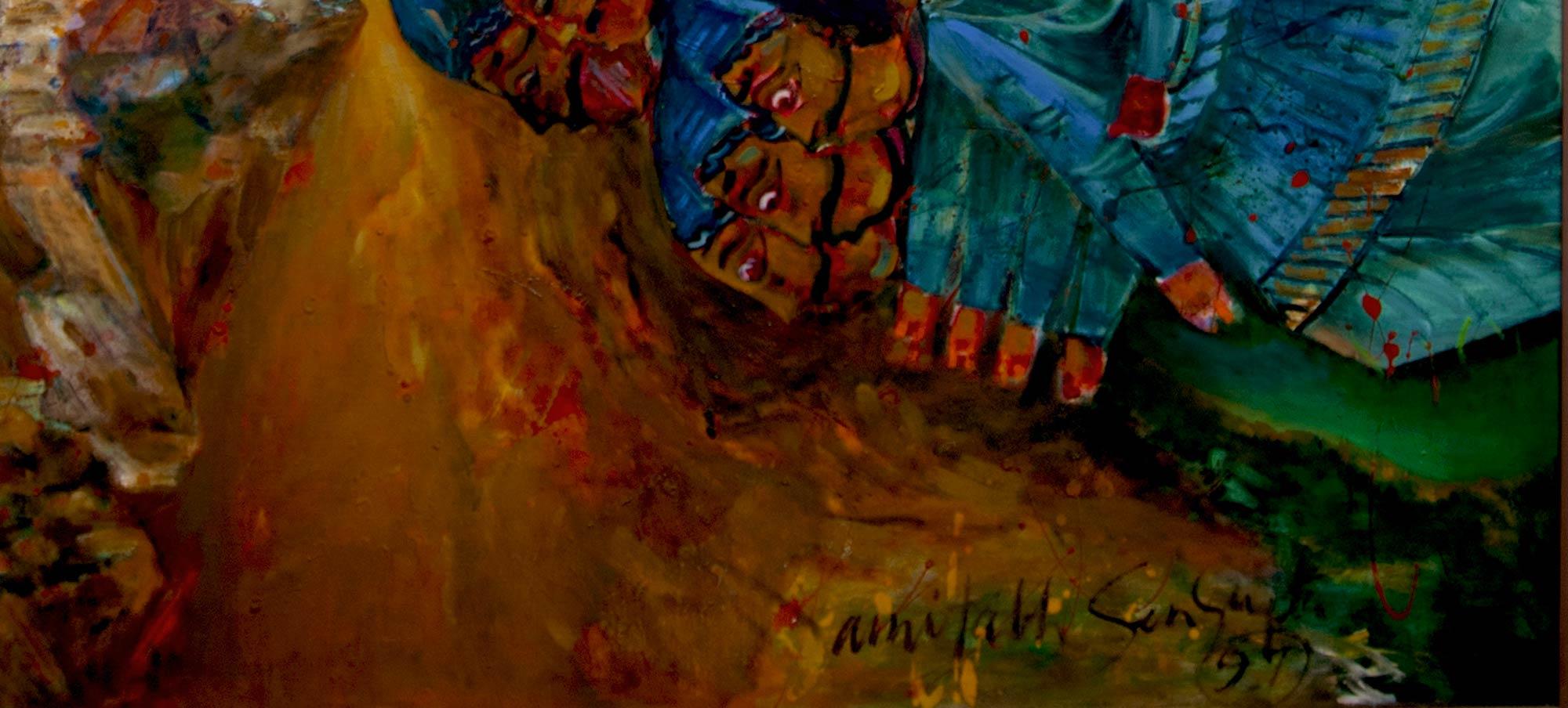 Amitabh Sengupta - Fall of Ravana - 48 x 64.8 inches (taille non encadrée)
Huile sur toile 
** Cette œuvre sera expédiée en rouleau pour économiser les frais d'expédition.

Série Mythscape : Cette série a vu le jour à la fin des années 90 lorsque