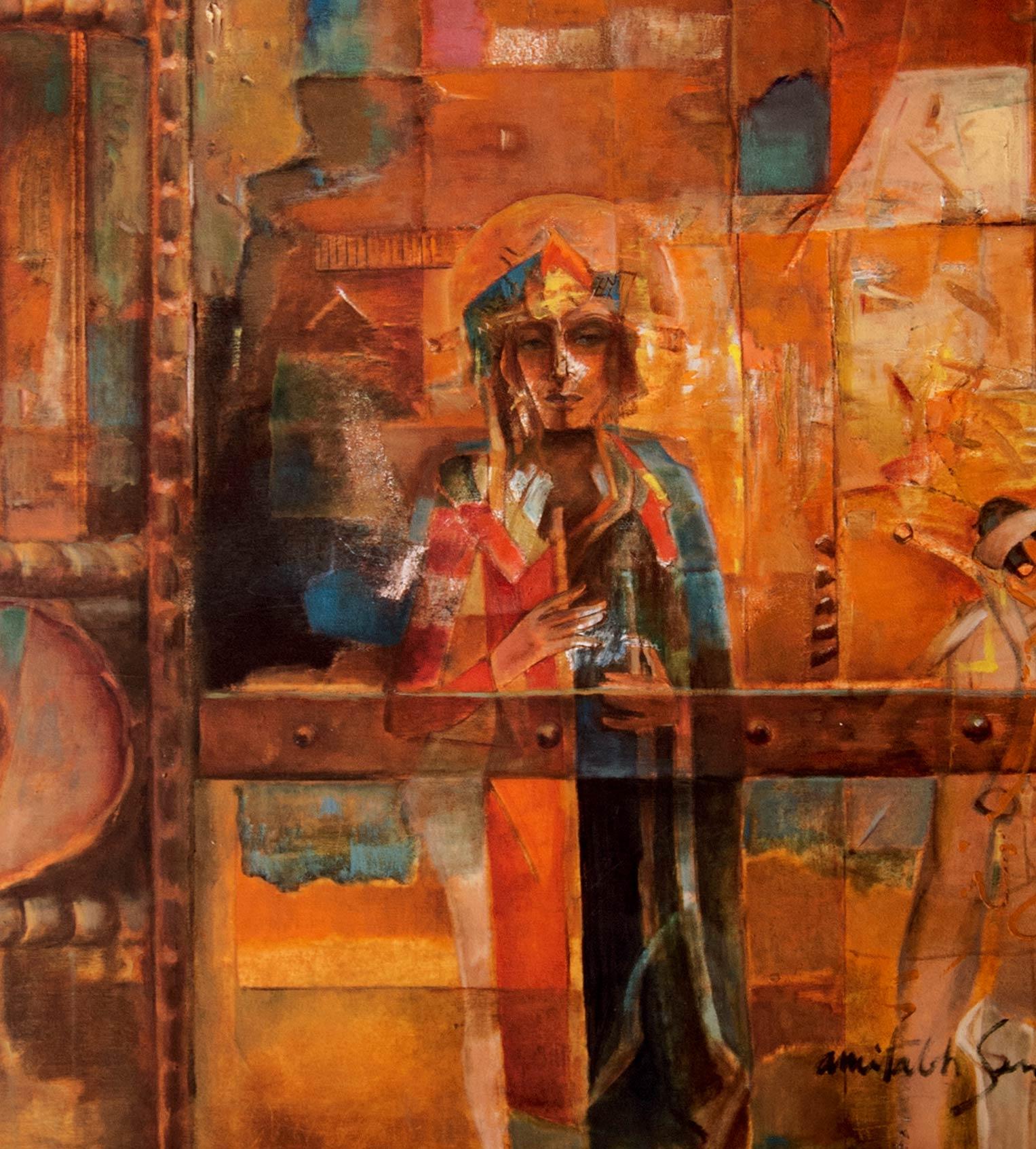 Amitabh Sengupta - Inconsistent Dialogue - 48 x 48 inches (unframed size)
Oil on canvas 
** This work will be shipped in roll form to save on shipping cost.

Mythscape Series : This series emerged in late nineties when the Artist returned to India
