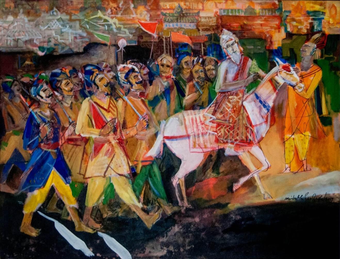 Amitabh Sengupta Portrait Painting - Indian Scape Oil on Canvas by Modern Artist "In Stock"