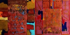 Inscription, teinture Dyptich, acrylique, toile, rouge, orange, bleu artiste indien - en stock